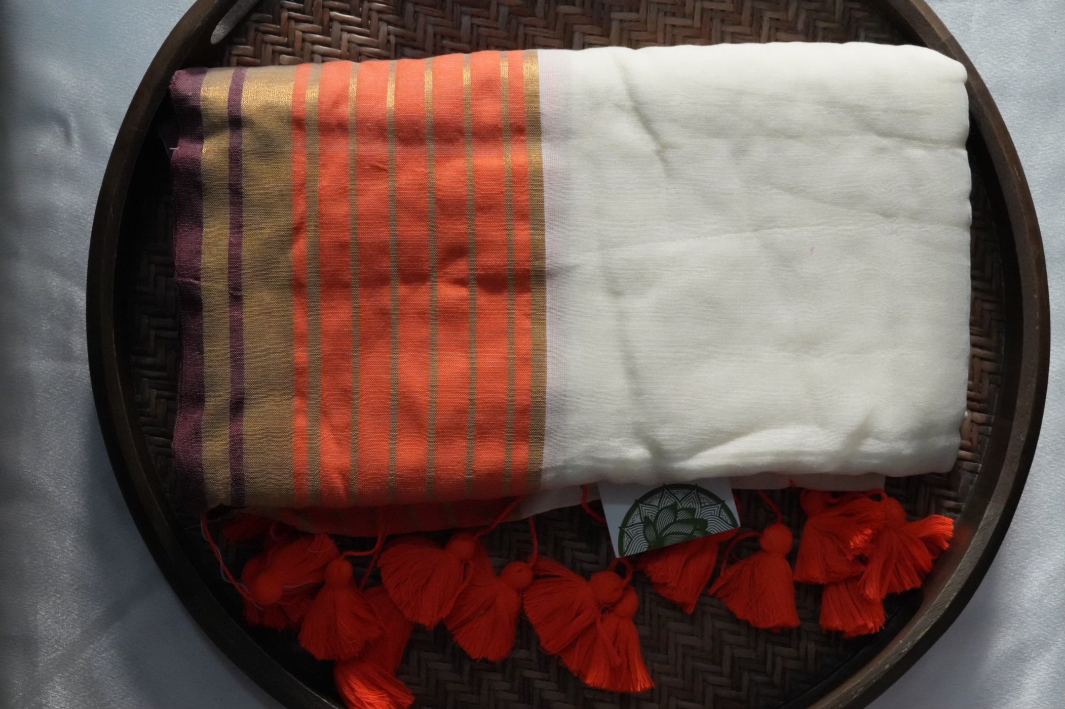 Artistic Orange & Gold Accented Mul Cotton Saree