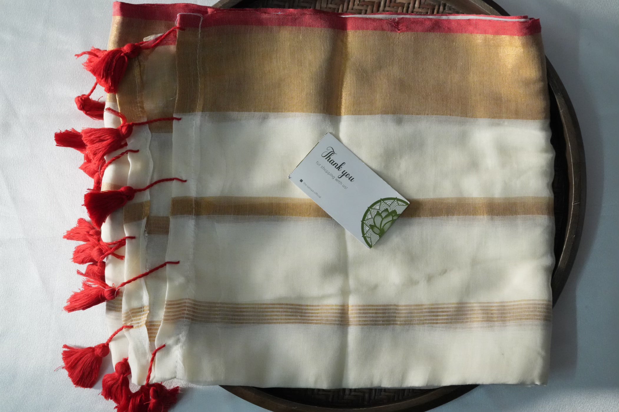 Airy Mul Cotton Saree with Festive Red & Gold Accents