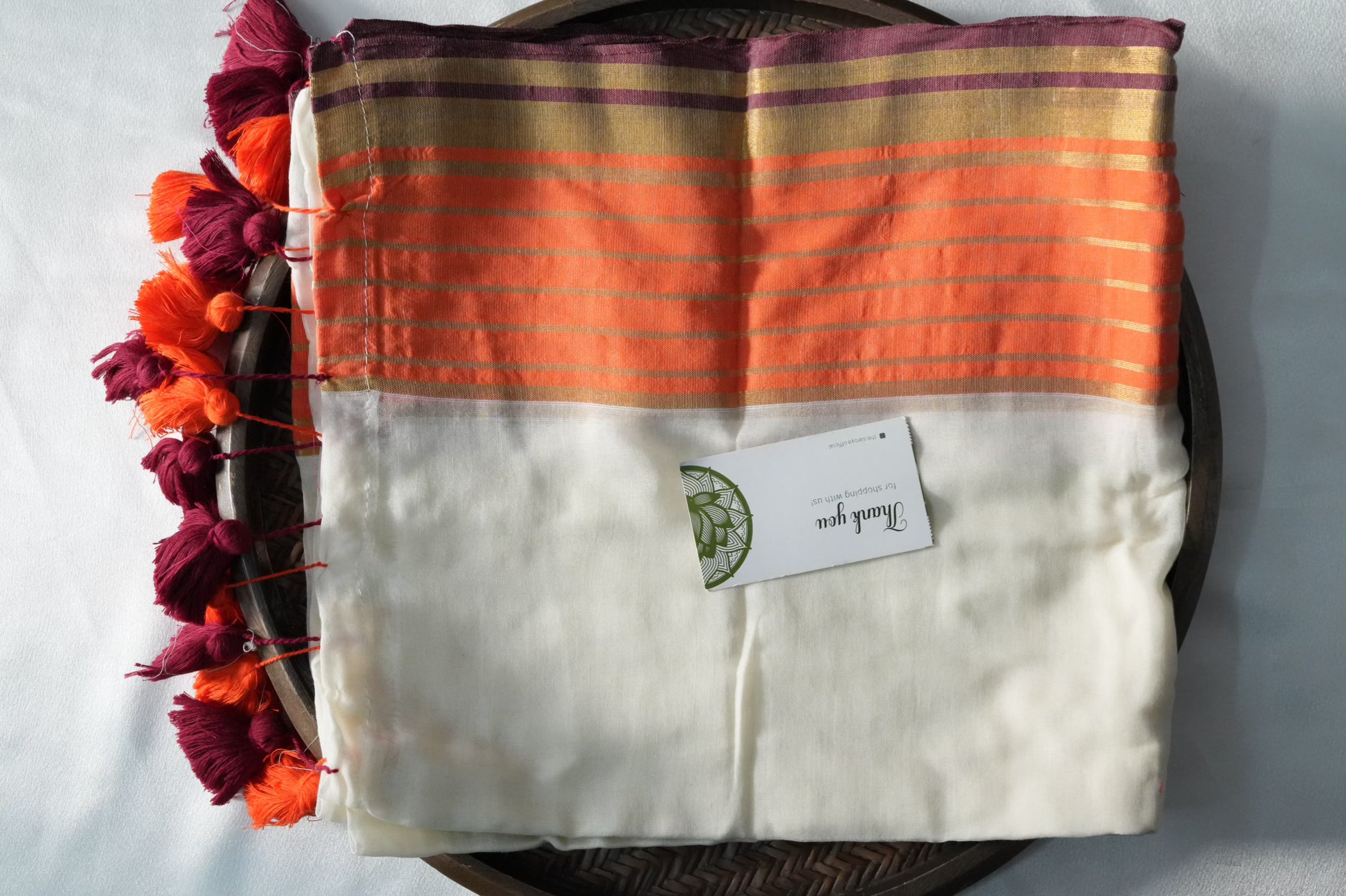 Artistic Orange & Gold Accented Mul Cotton Saree