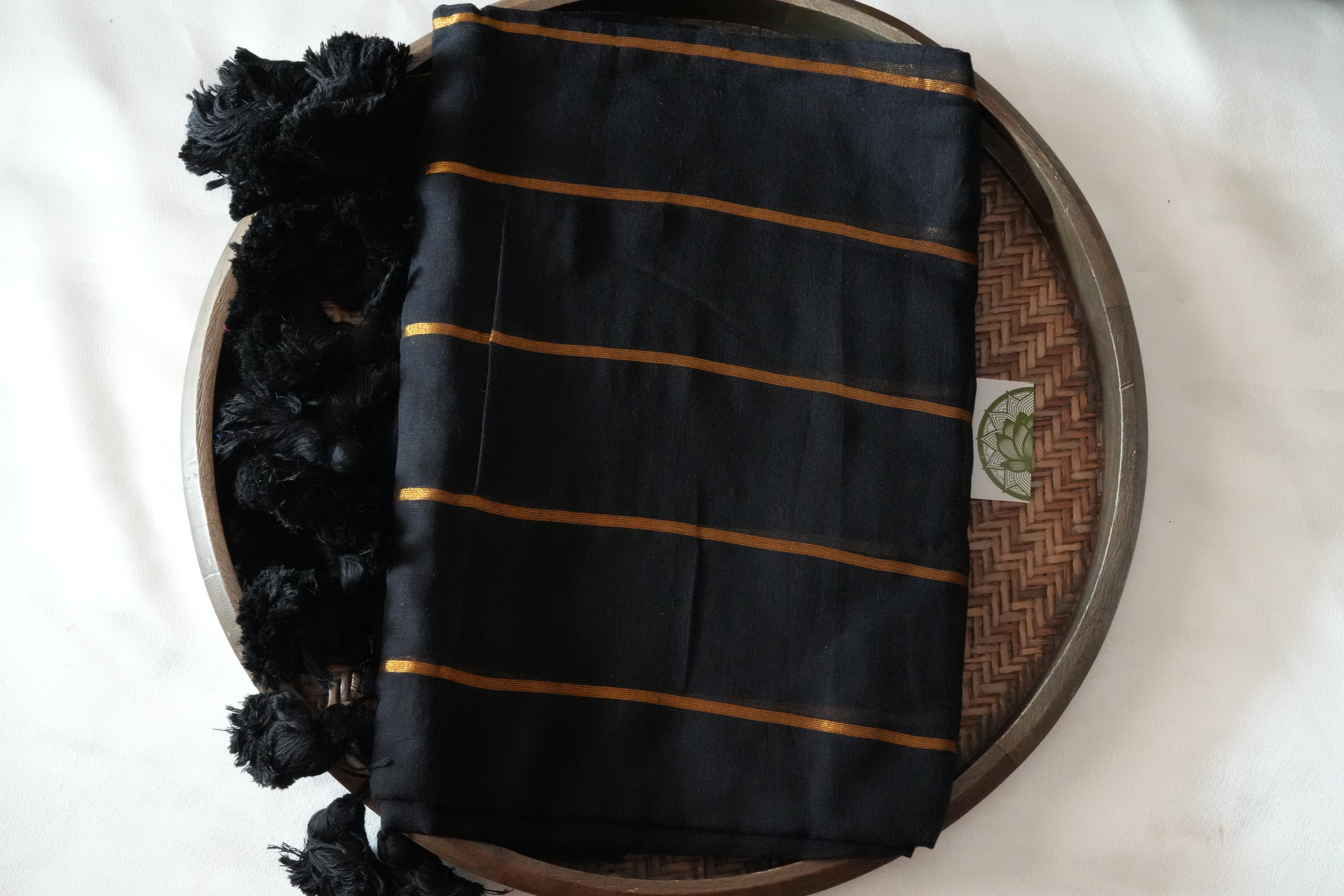 Elegant Midnight Black Mul Cotton Saree with Classic Gold Zari