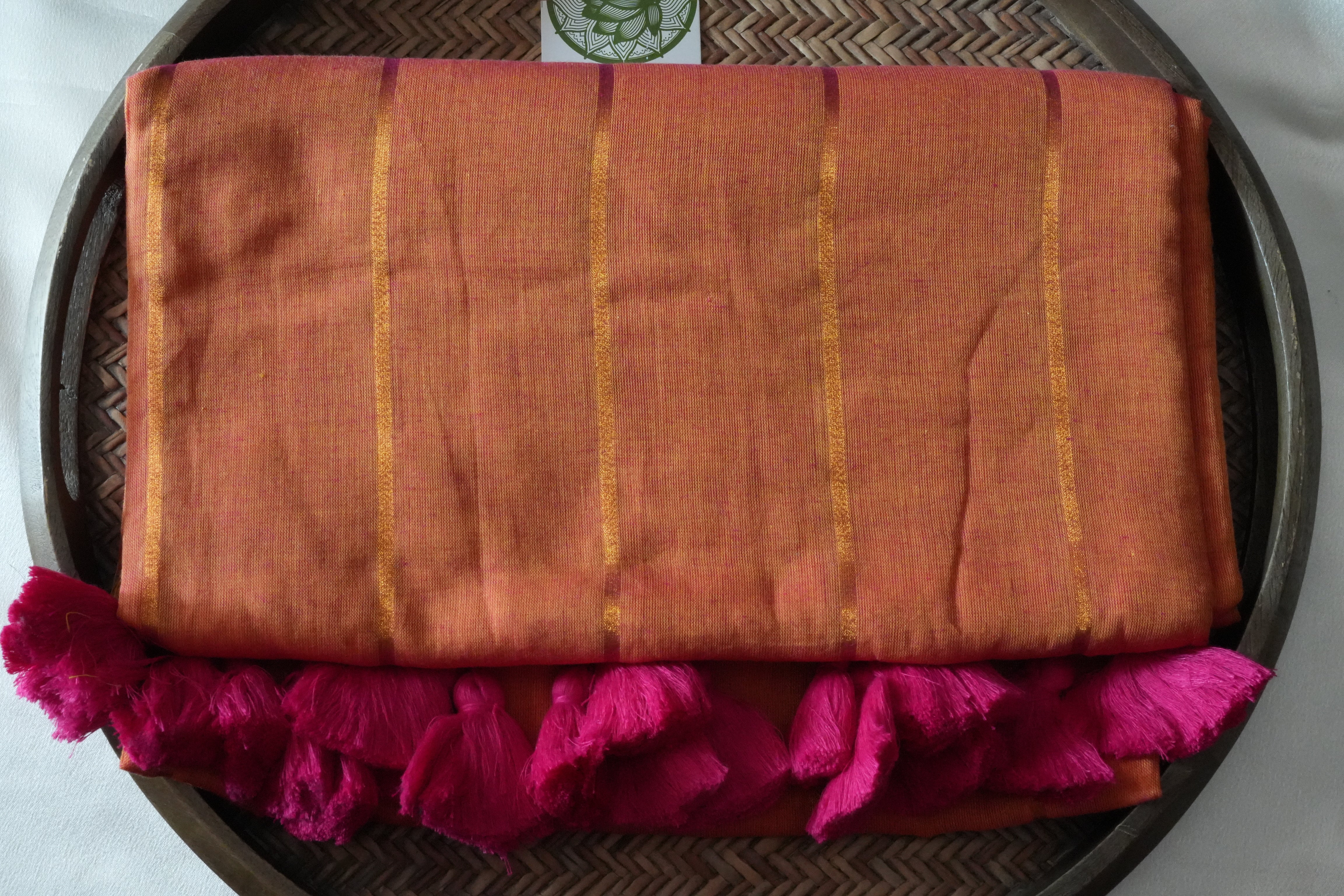 Vibrant Sunset Orange Mul Cotton Saree with Festive Tassels