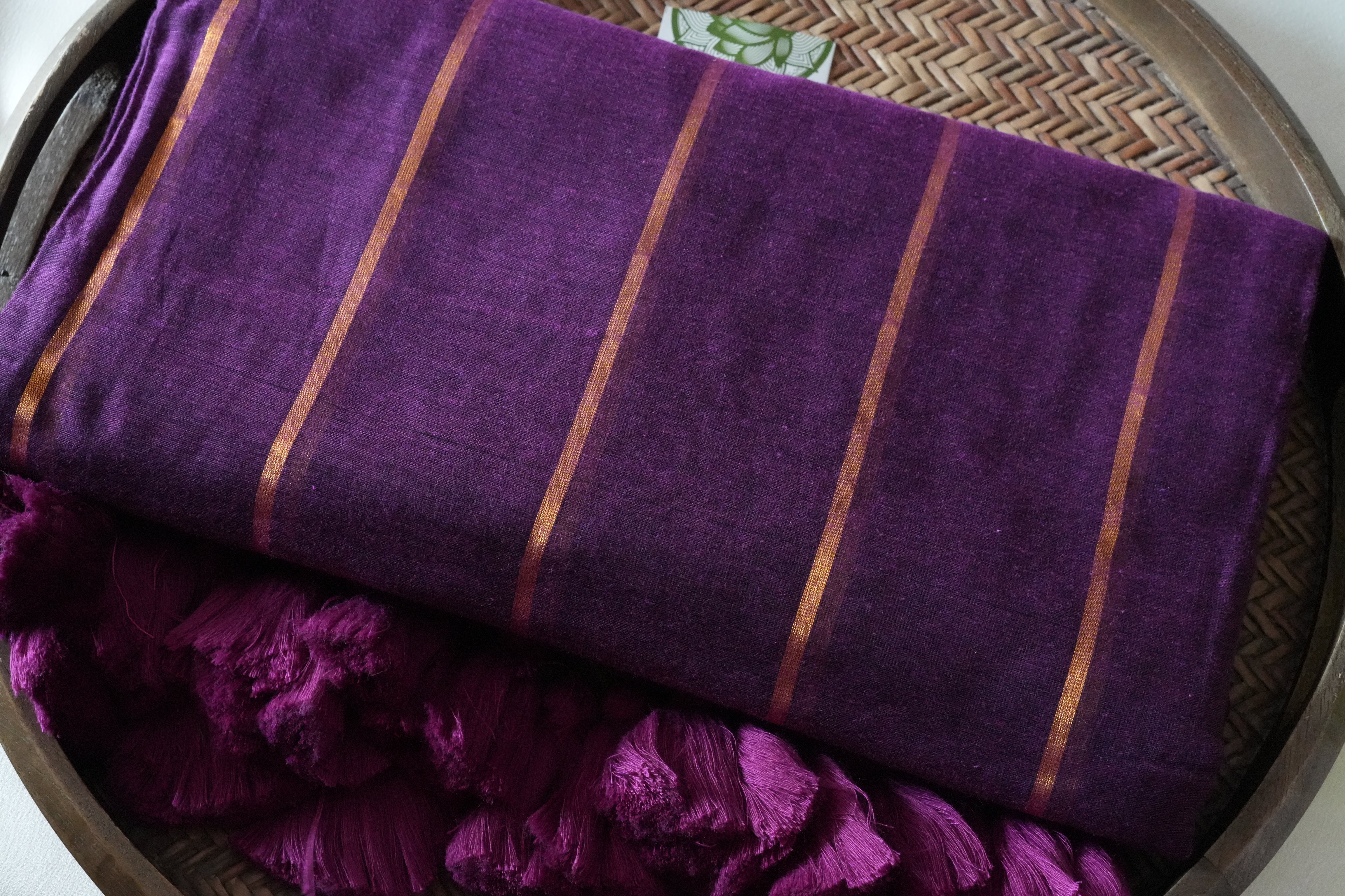 Regal Plum Mul Cotton Saree with Rich Berry Tassels
