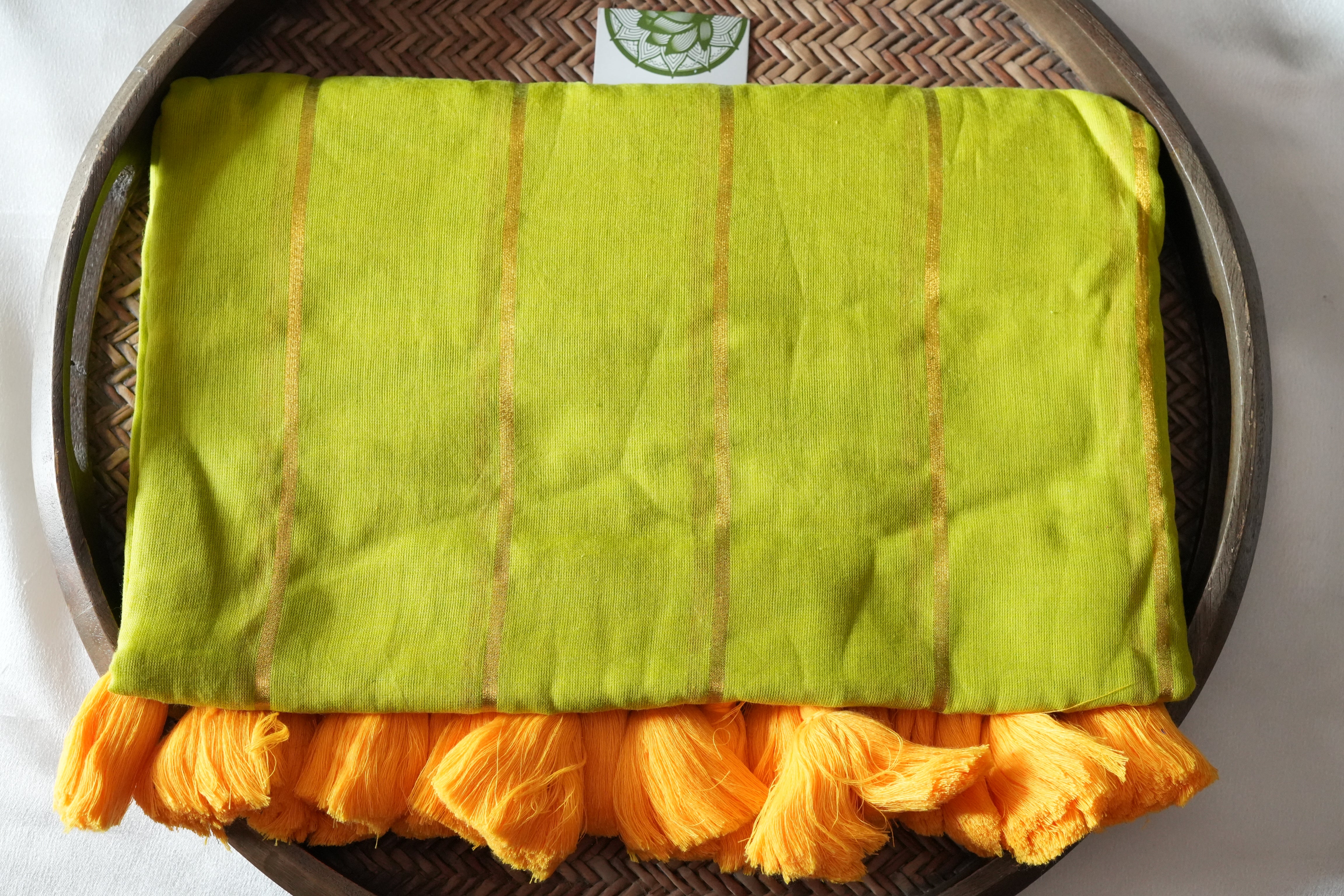 Vibrant Lime Green Mul Cotton Saree with Sunny Yellow Tassels