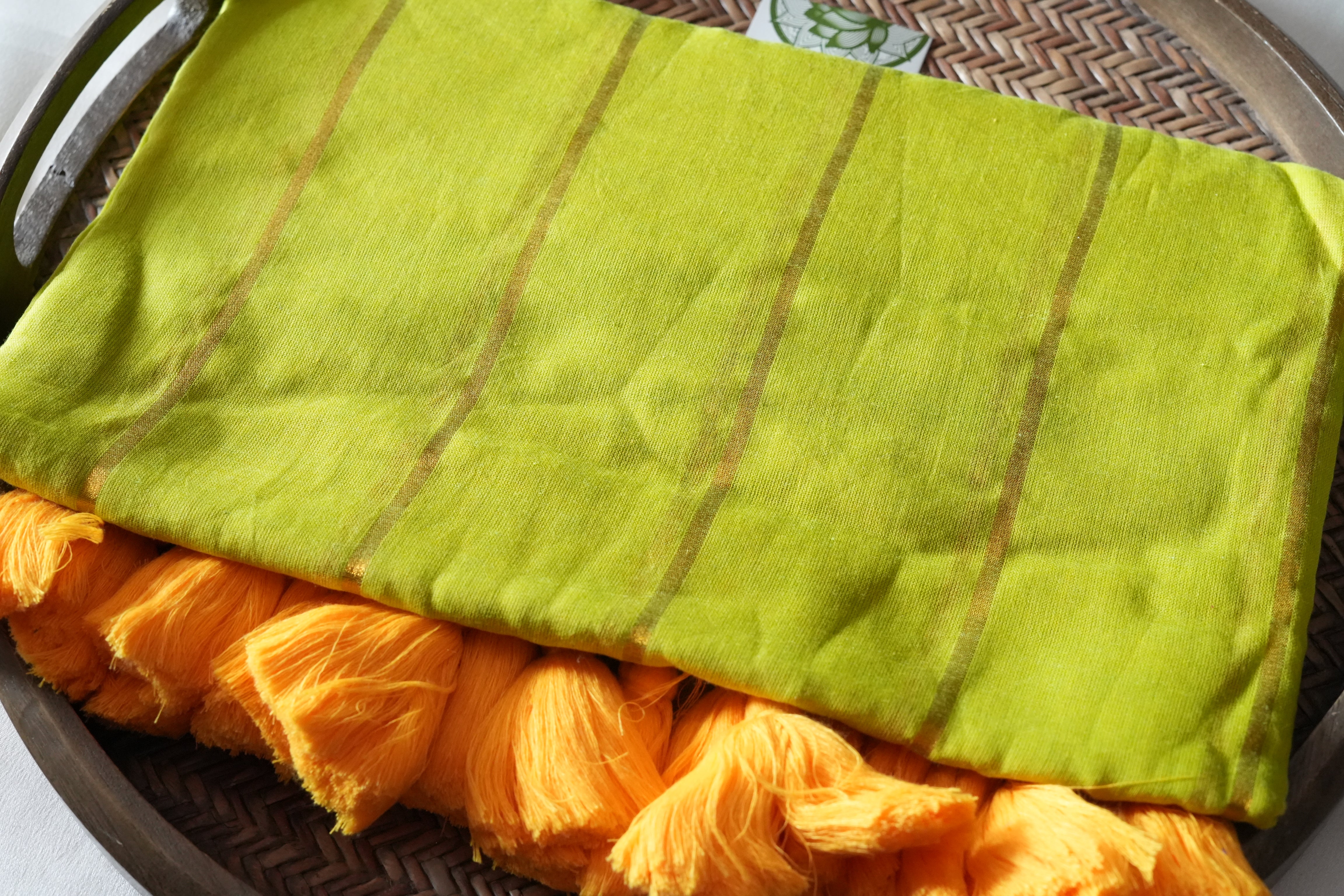 Vibrant Lime Green Mul Cotton Saree with Sunny Yellow Tassels