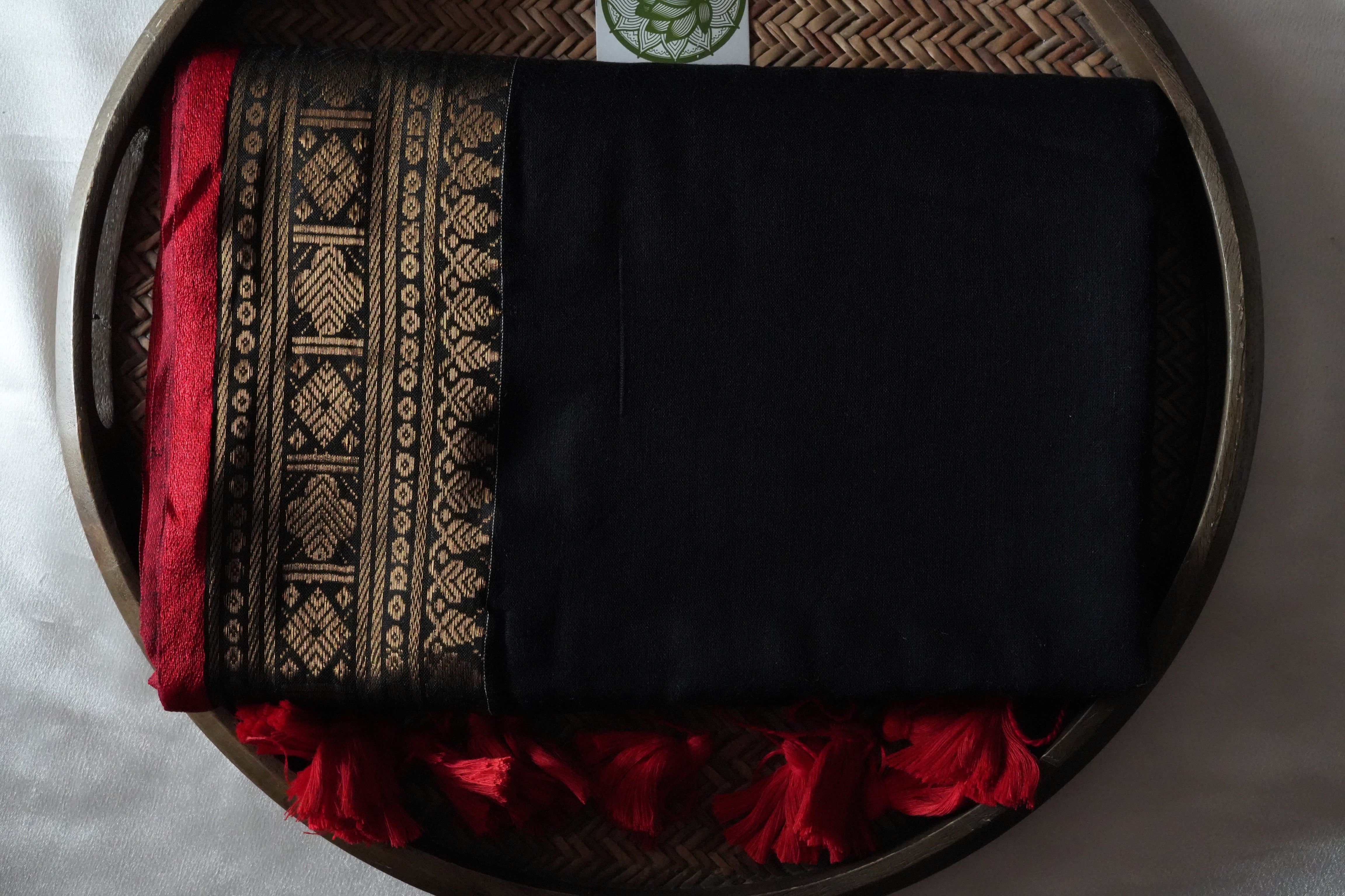 Noir Black & Crimson Red Mulcotton Saree with Ornate Gold Zari