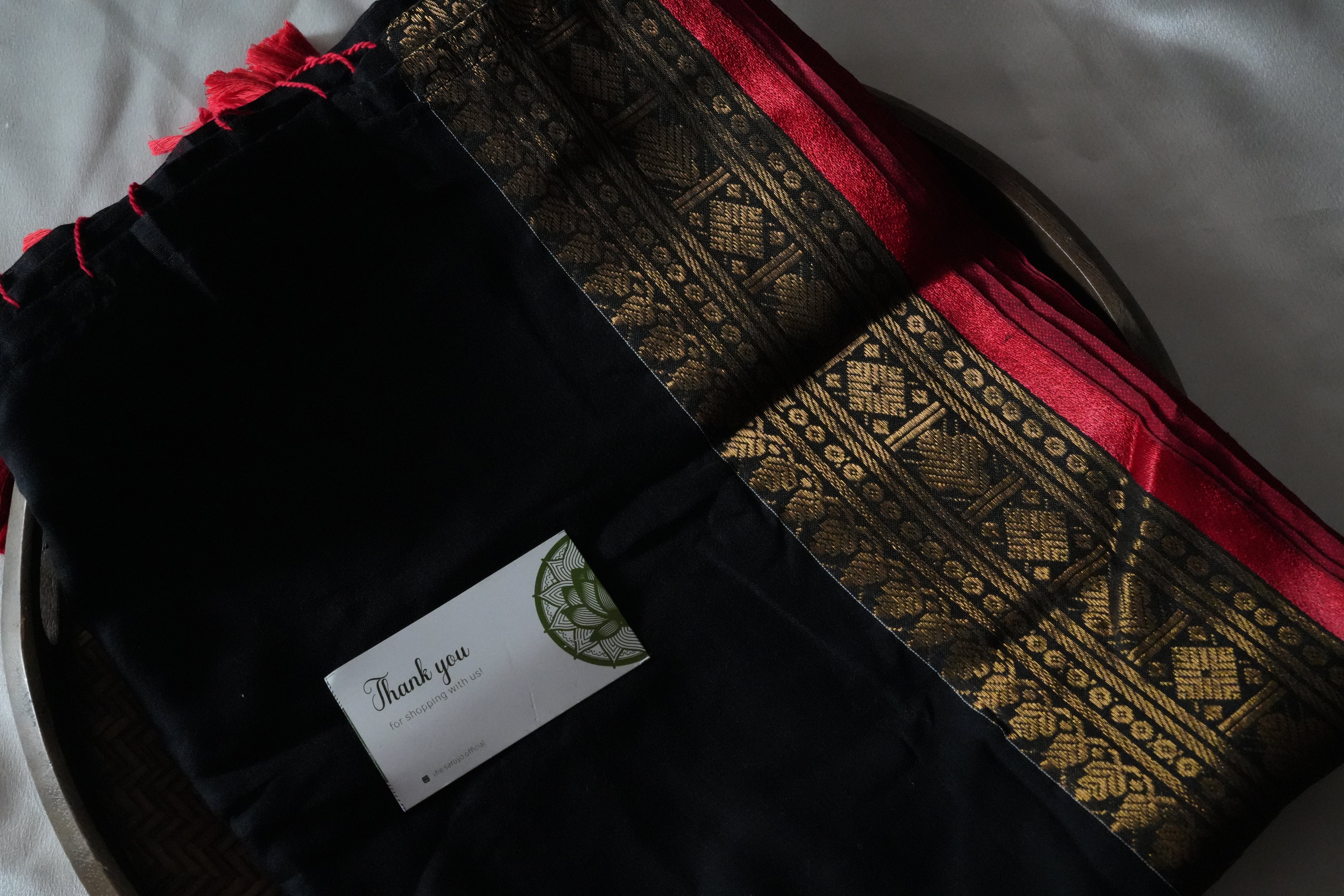 Noir Black & Crimson Red Mulcotton Saree with Ornate Gold Zari