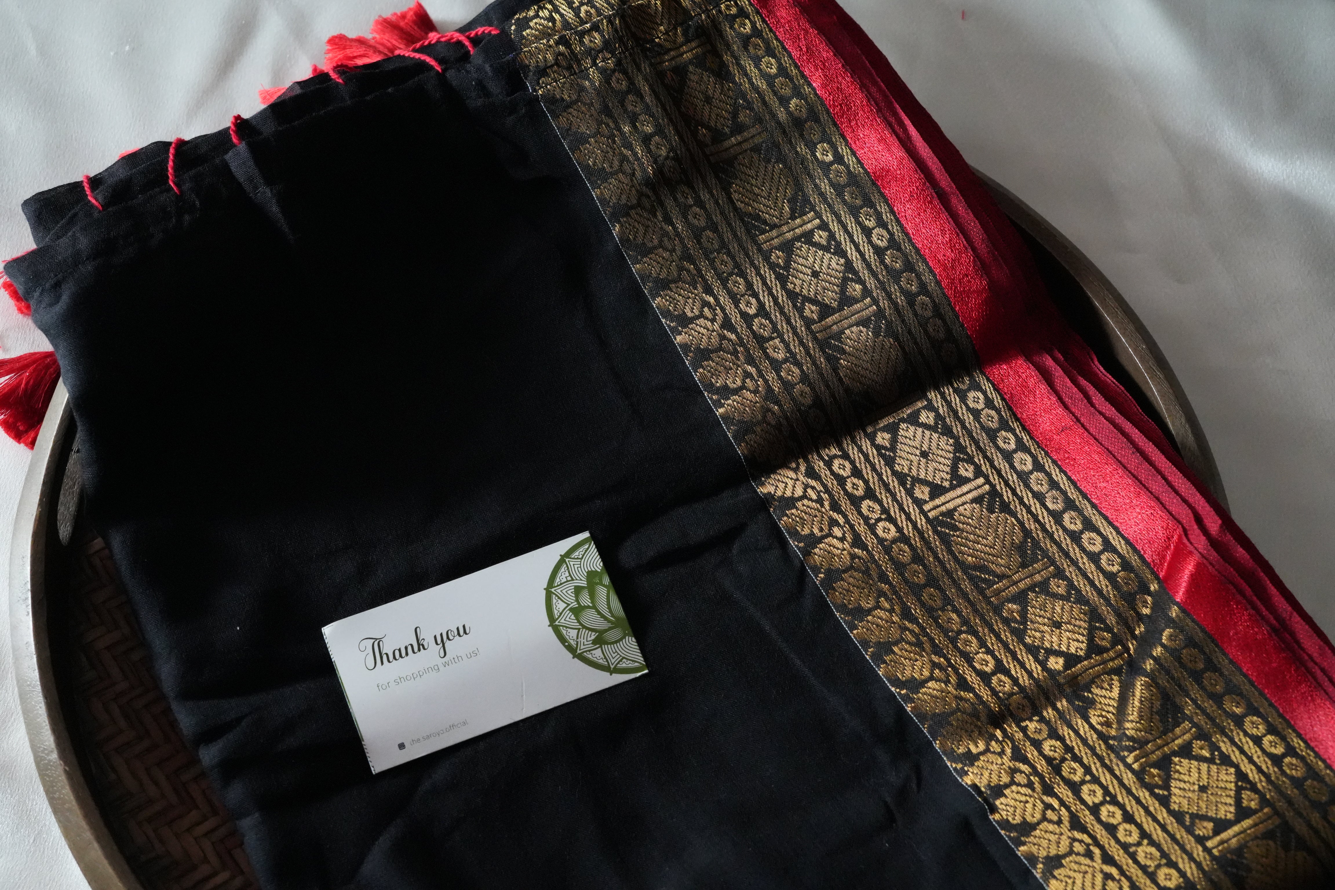 Noir Black & Crimson Red Mulcotton Saree with Ornate Gold Zari