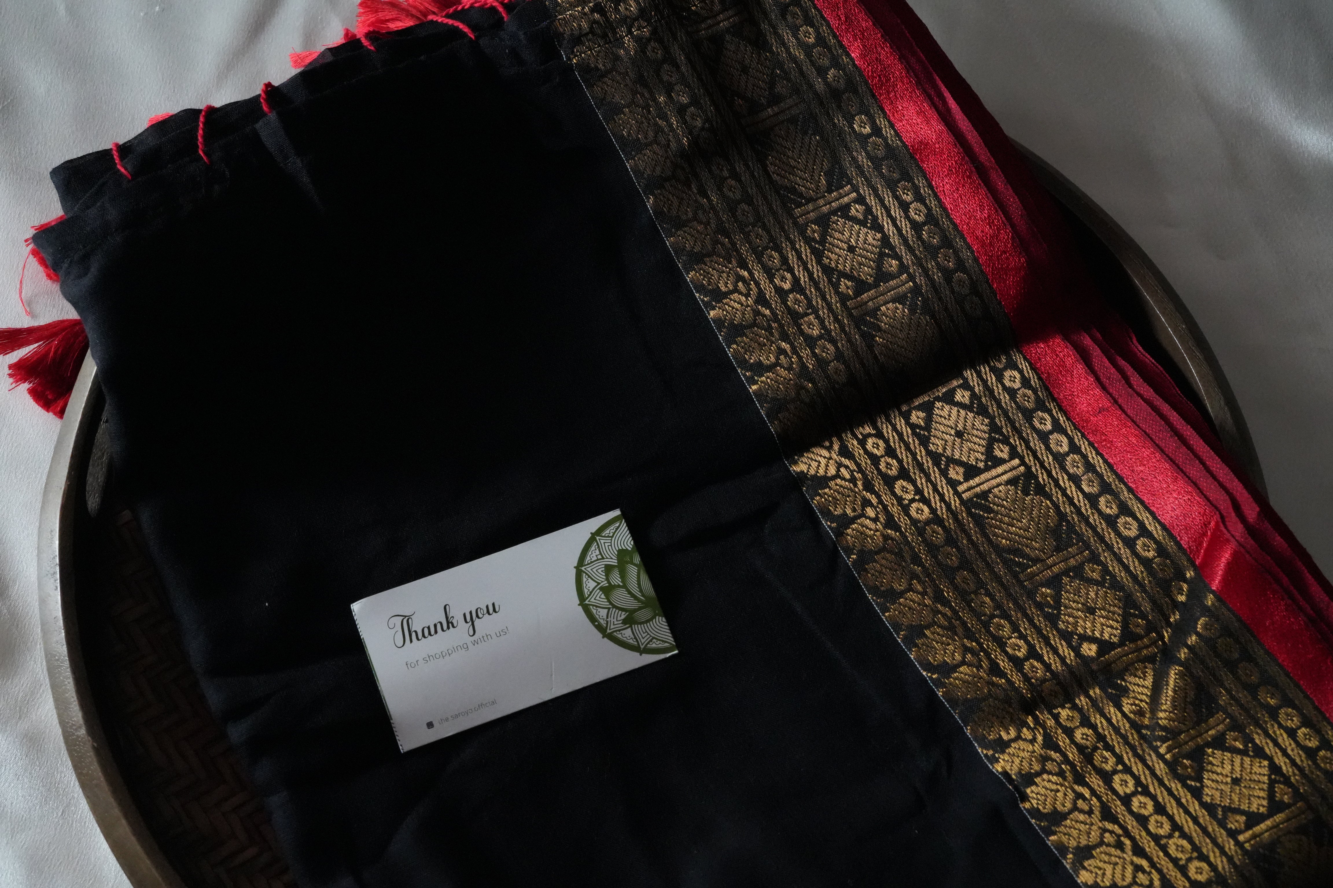 Noir Black & Crimson Red Mulcotton Saree with Ornate Gold Zari