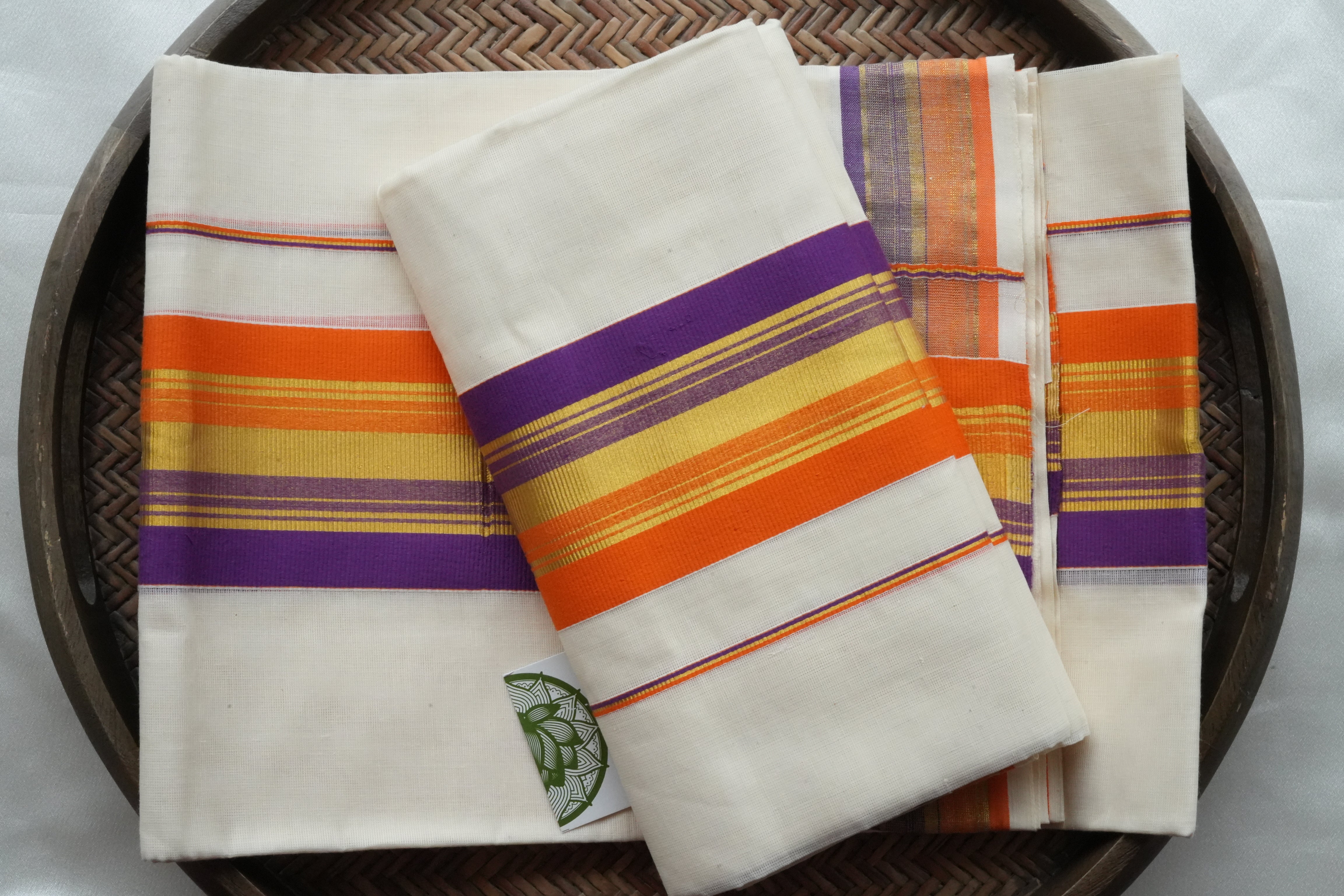 Sunset Orange & Purple Handloom Replica Kerala Single Set Mundu