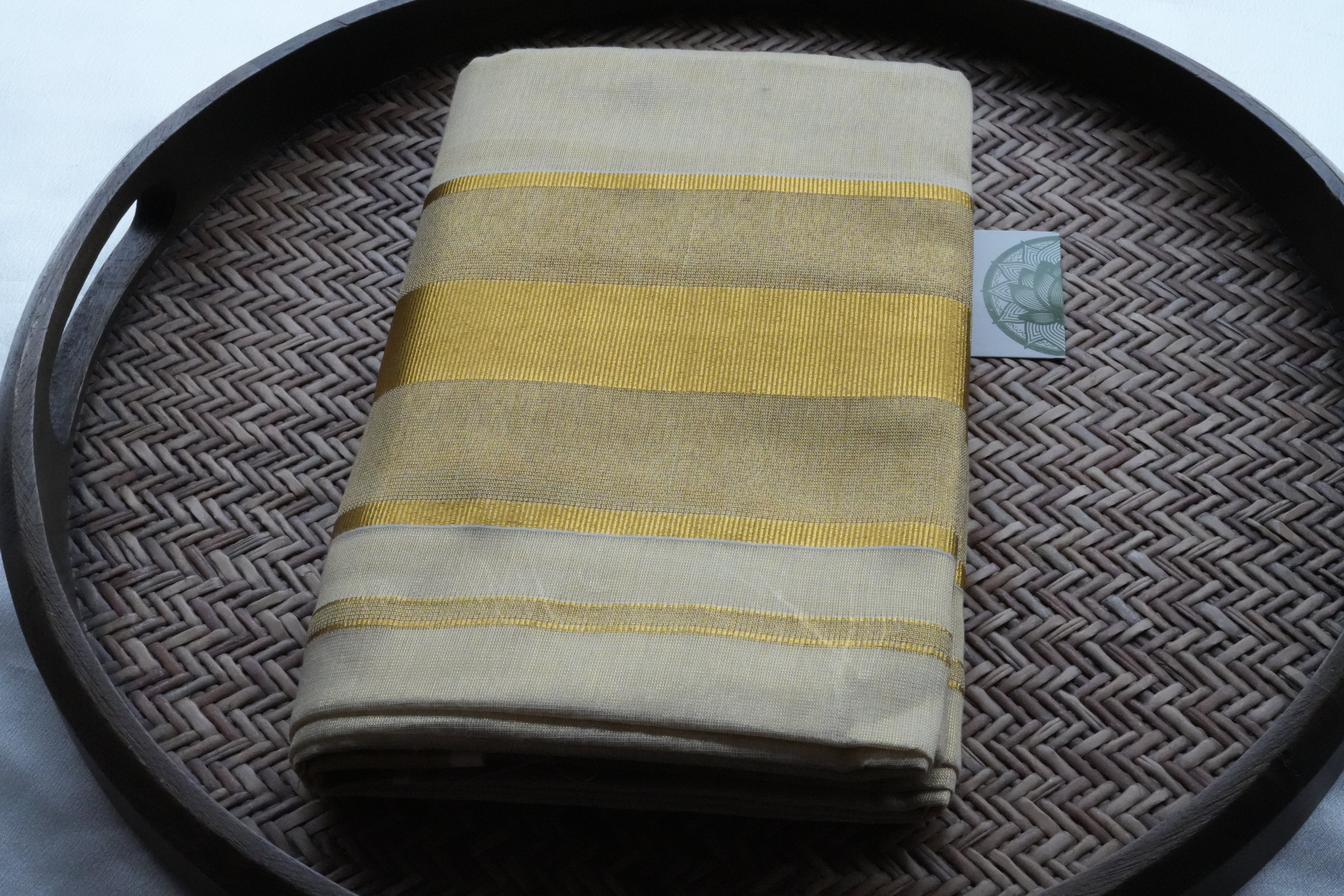 Majestic Pale Gold Tissue Kerala Single Set Mundu with Broad Kasavu Borders (With Matching Blouse)