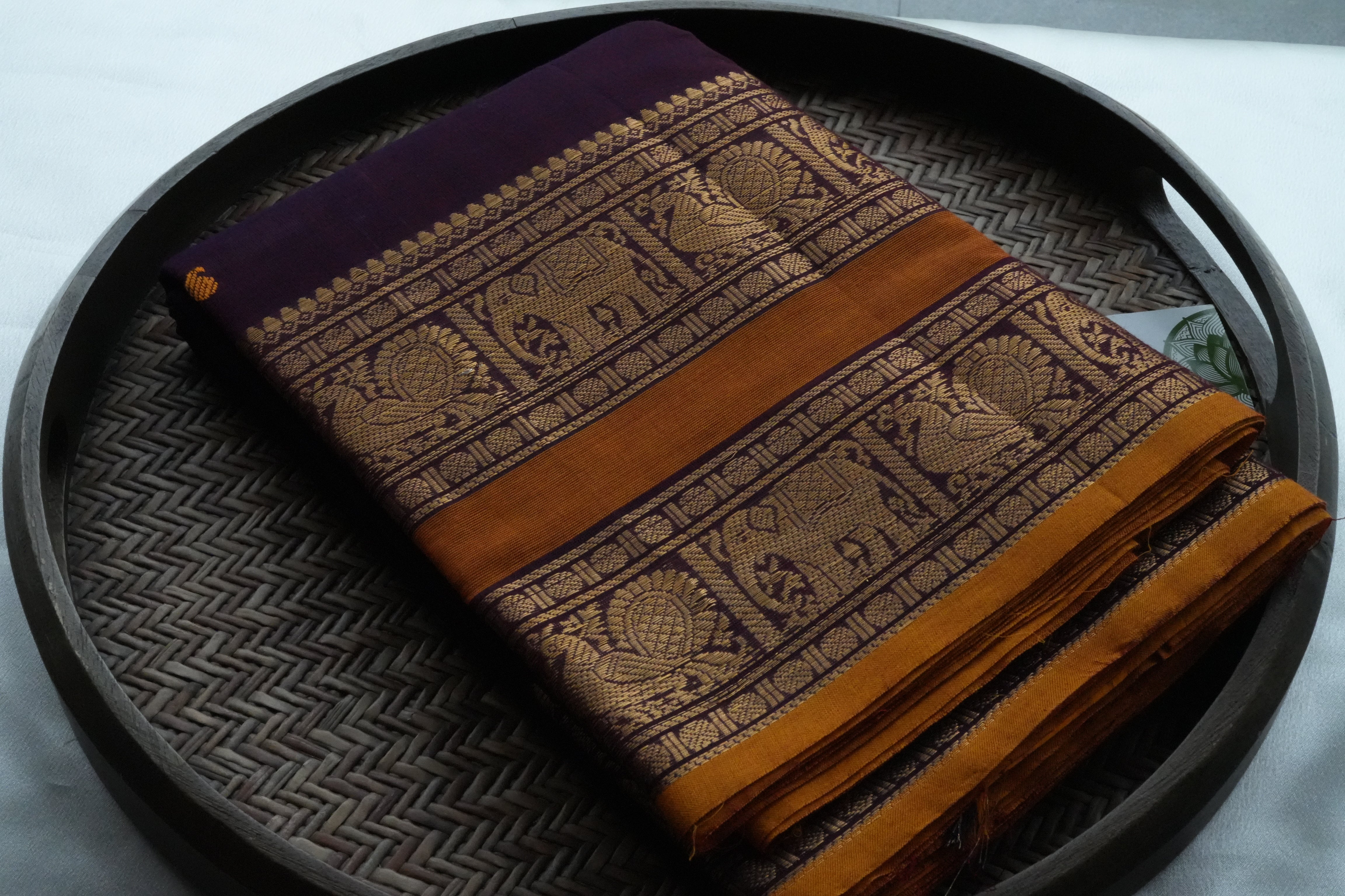 Royal Plum Kanchi Cotton Saree with Traditional Annapakshi and Elephant Motifs