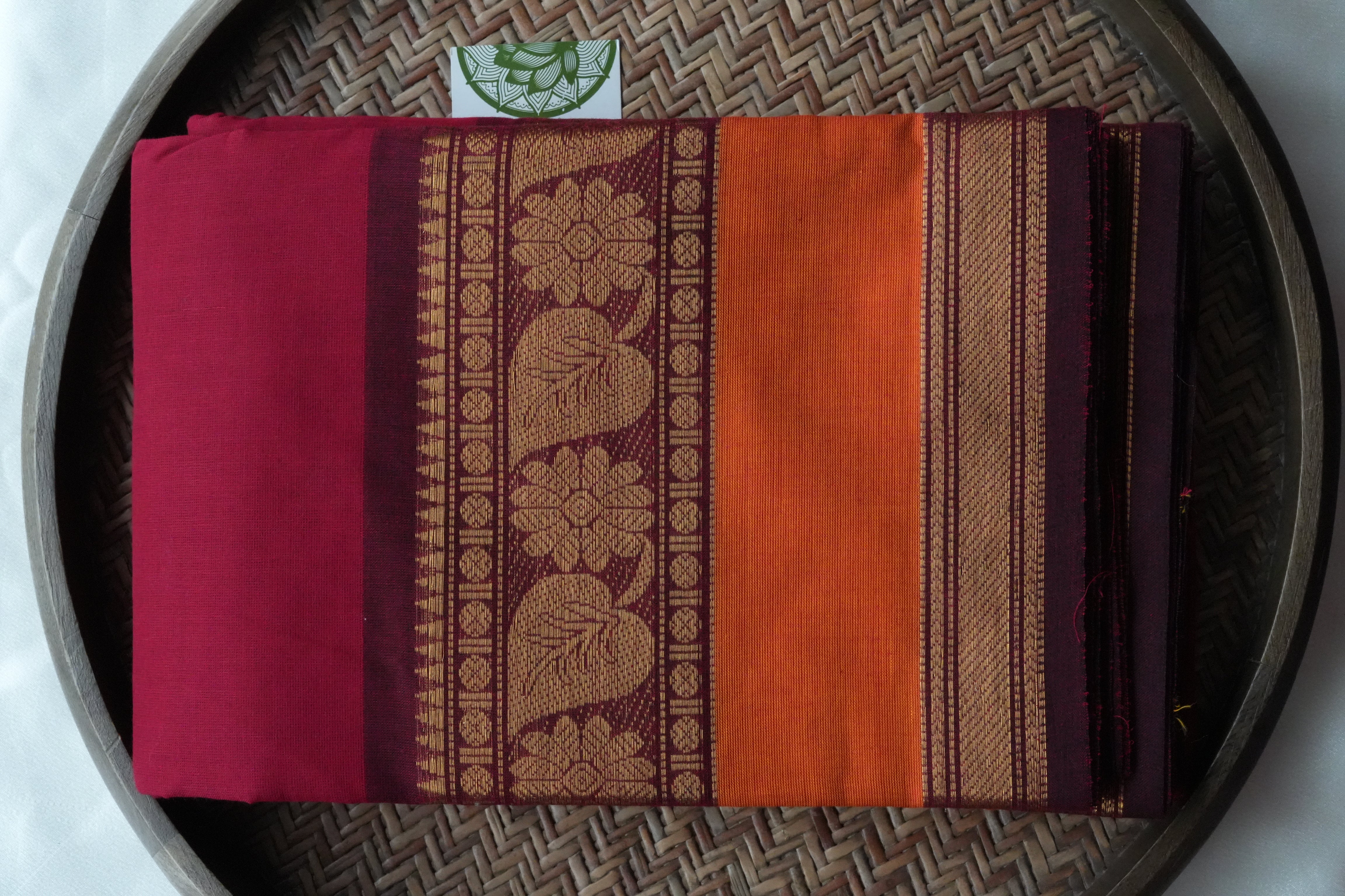 Crimson & Sunset Orange Kanchi Cotton Saree with Royal Paisley Borders