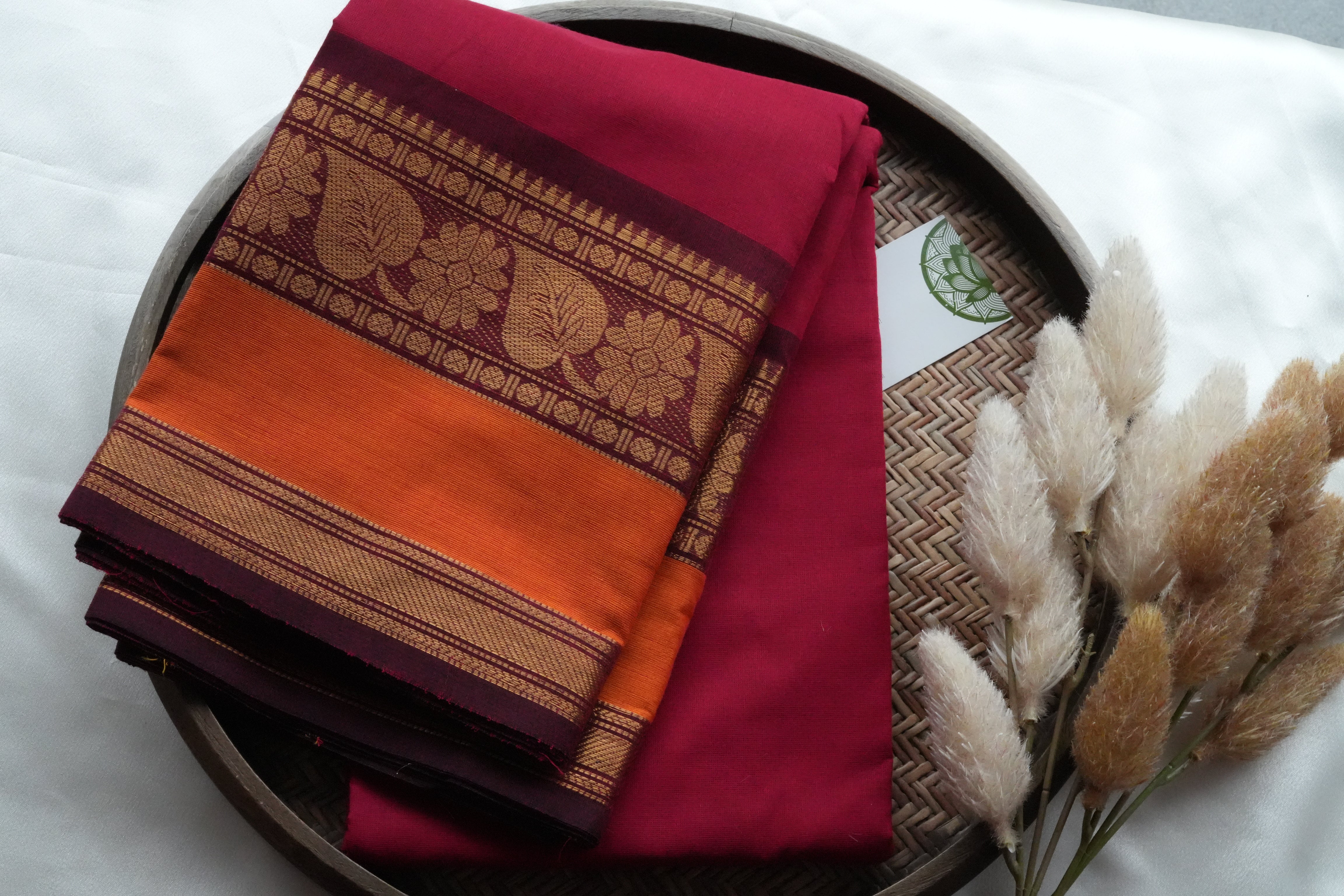 Crimson & Sunset Orange Kanchi Cotton Saree with Royal Paisley Borders