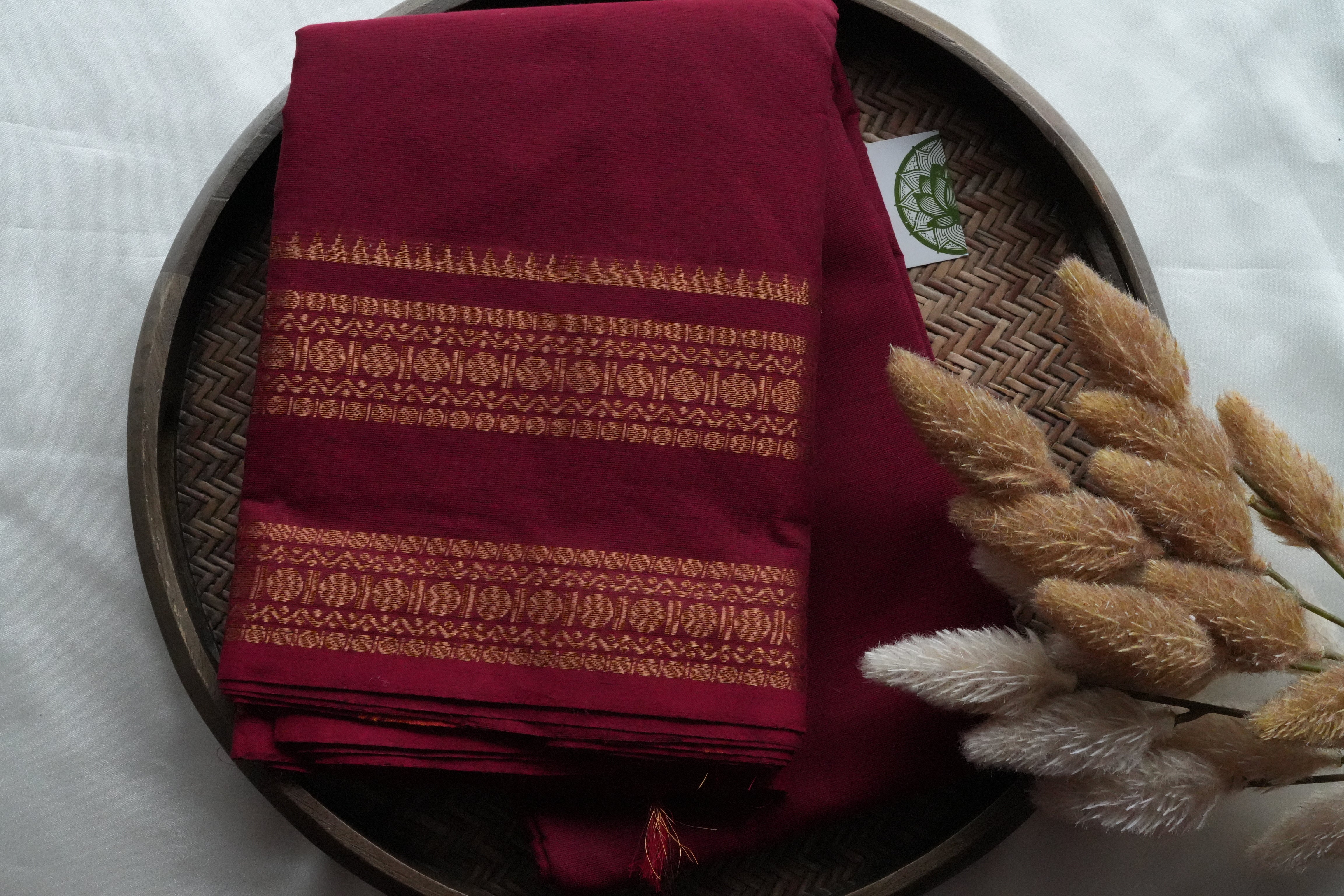 Sophisticated Maroon Kanchi Cotton Saree with Traditional Gold Zari Borders