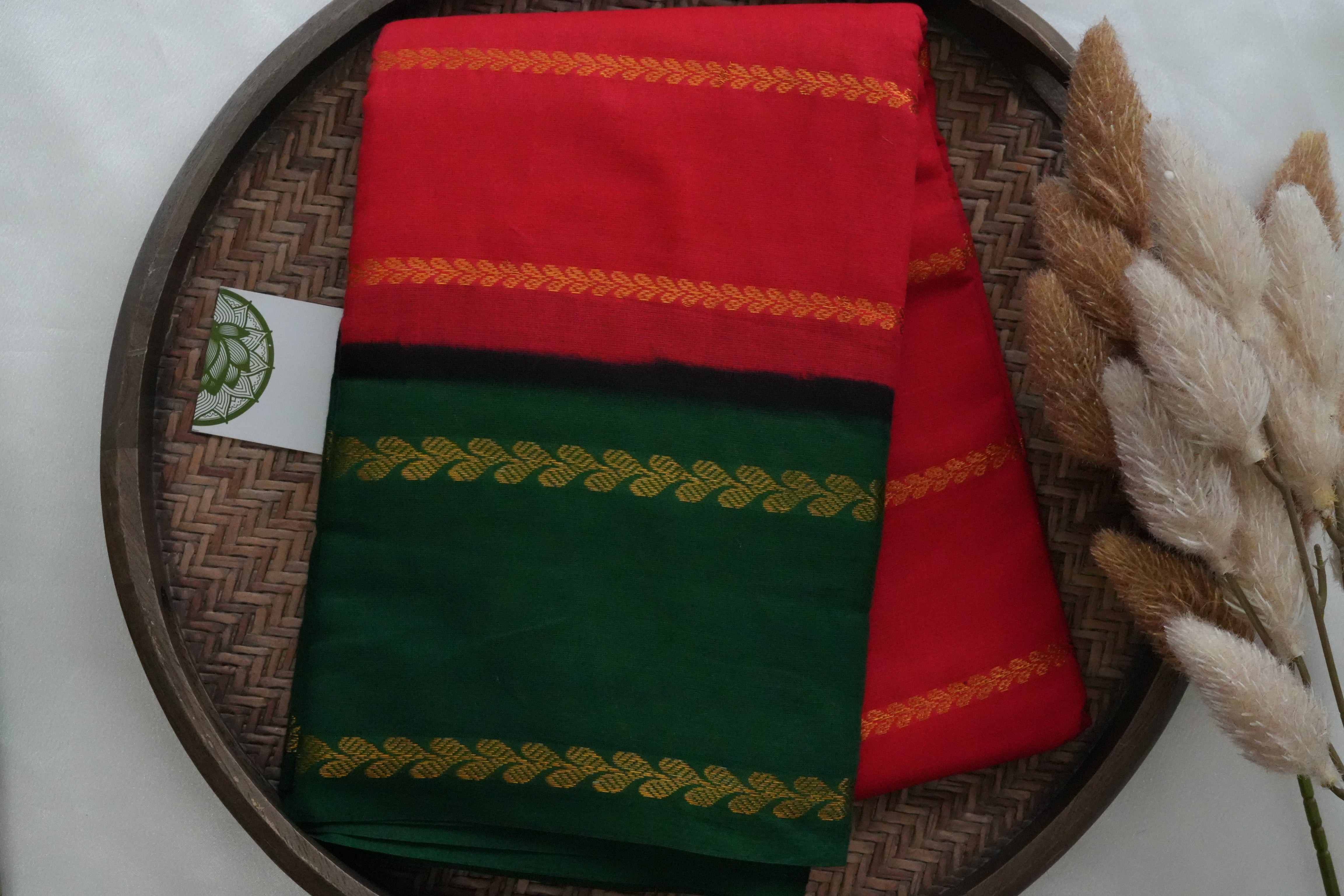 Vibrant Crimson & Forest Green Kanchi Cotton Saree with Leafy Zari Vine Borders