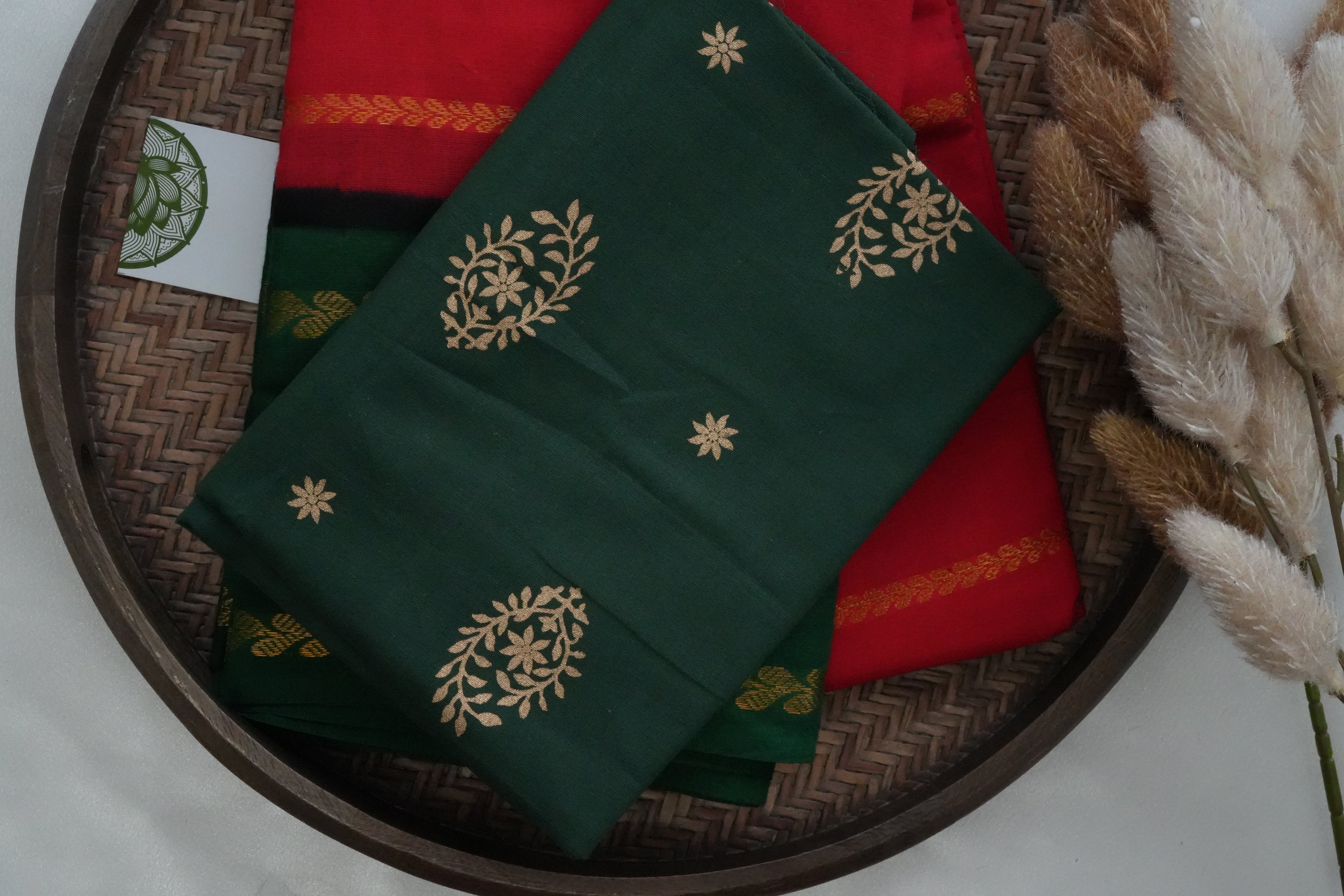 Vibrant Crimson & Forest Green Kanchi Cotton Saree with Leafy Zari Vine Borders