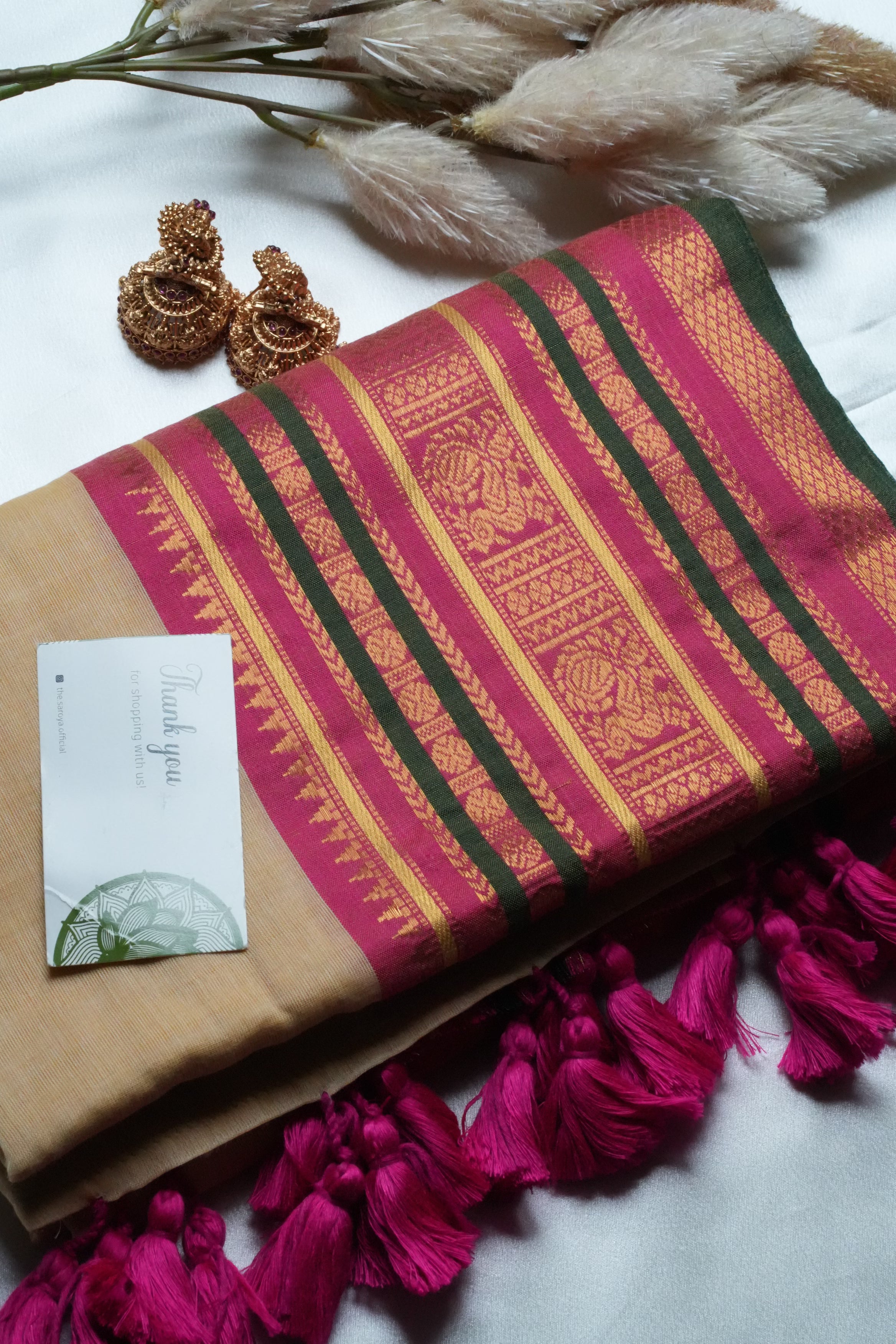 Elegant Sand-Beige body Mul Cotton Saree with Magenta & Emerald Borders