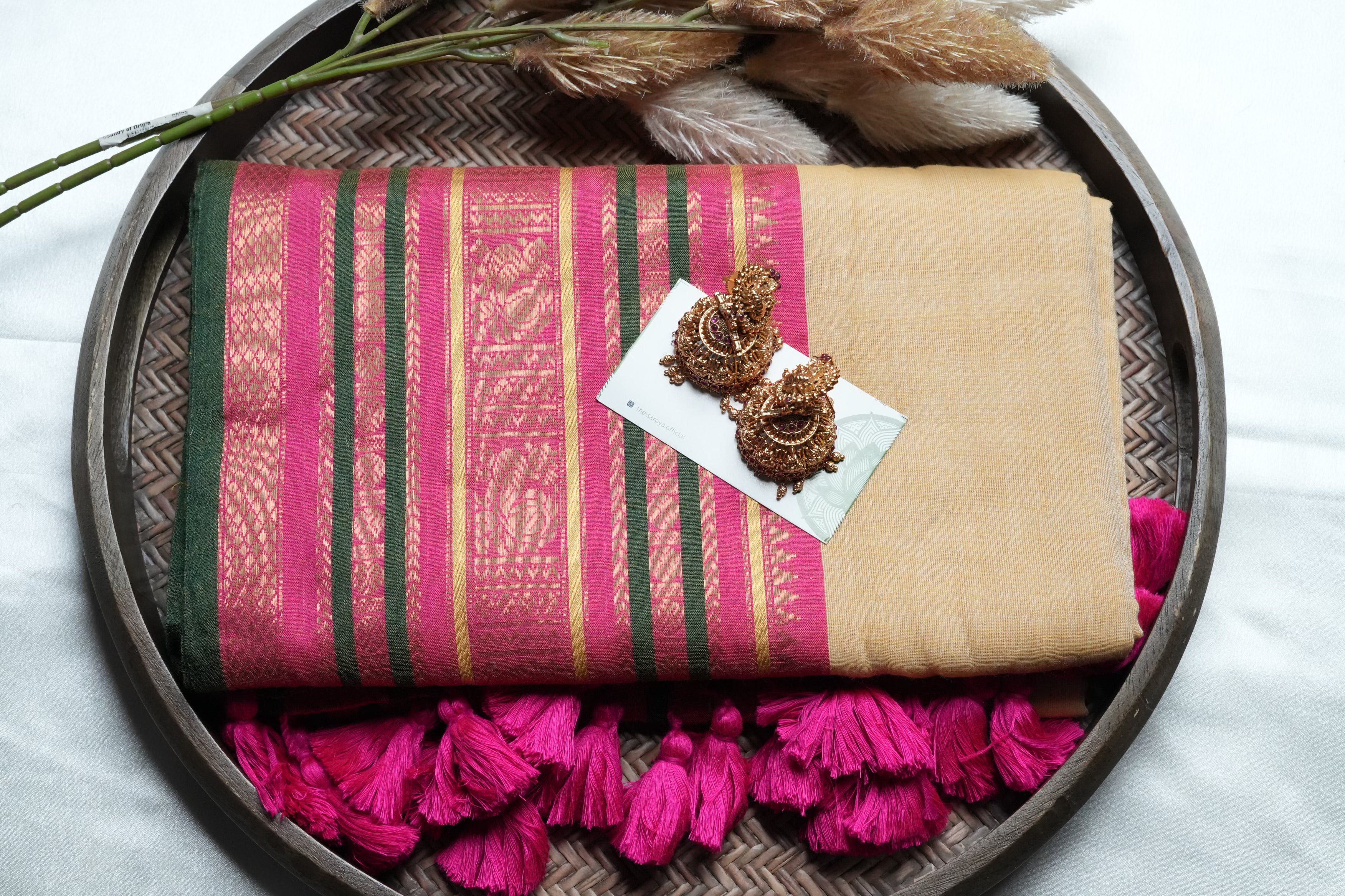 Elegant Sand-Beige body Mul Cotton Saree with Magenta & Emerald Borders