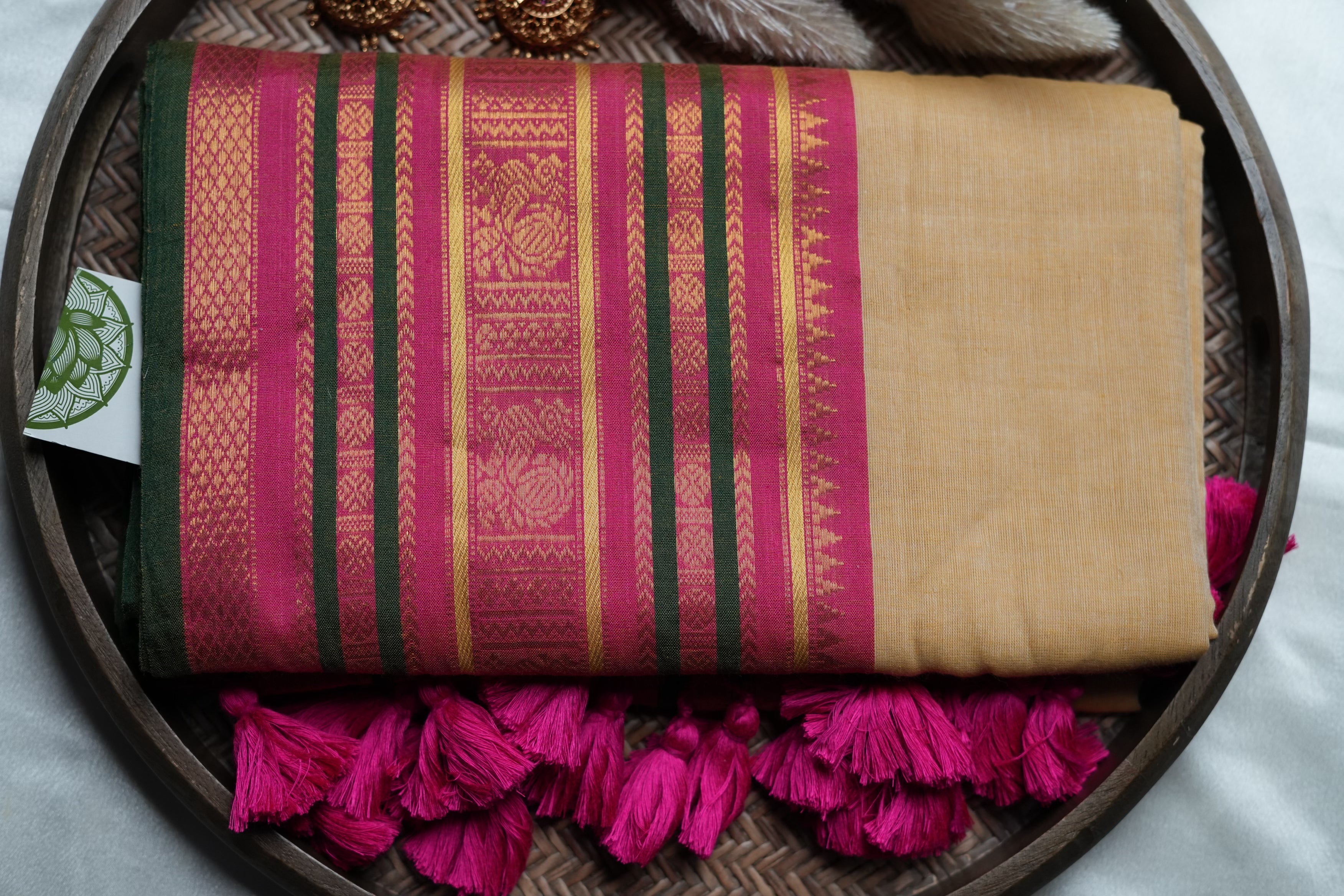 Elegant Sand-Beige body Mul Cotton Saree with Magenta & Emerald Borders