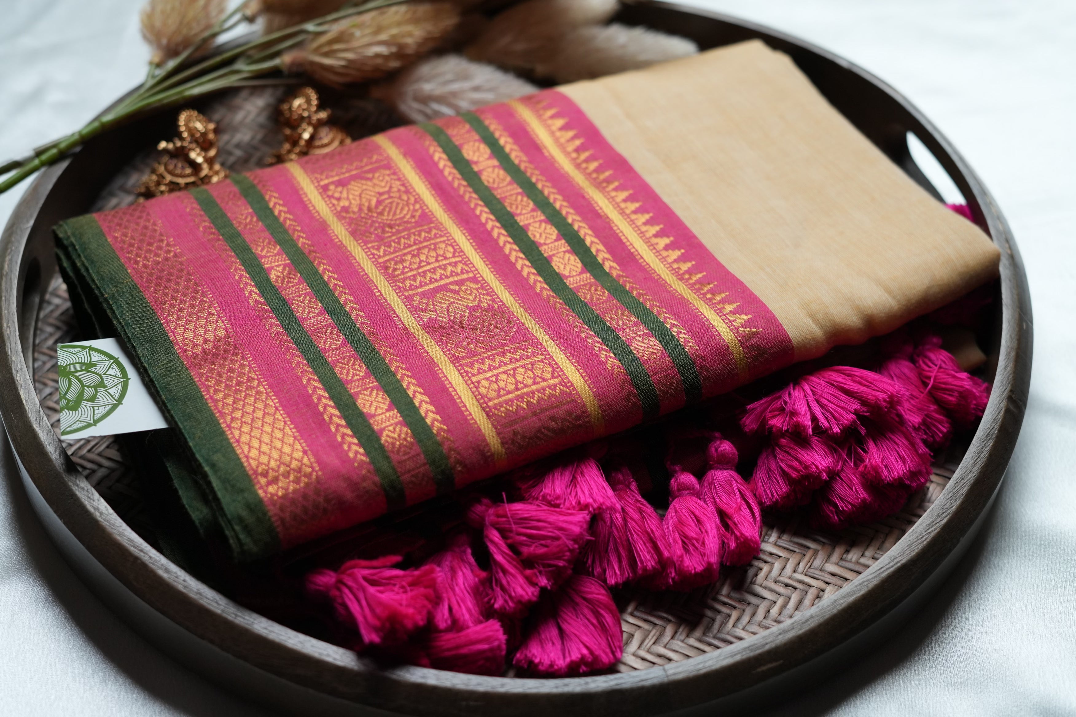 Elegant Sand-Beige body Mul Cotton Saree with Magenta & Emerald Borders