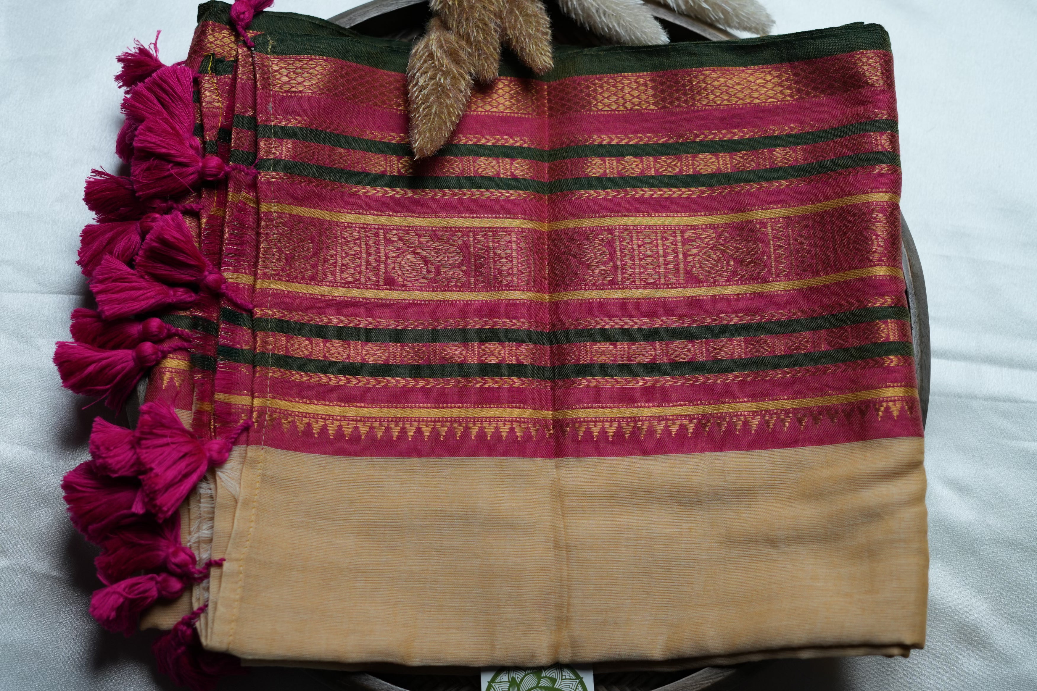 Elegant Sand-Beige body Mul Cotton Saree with Magenta & Emerald Borders