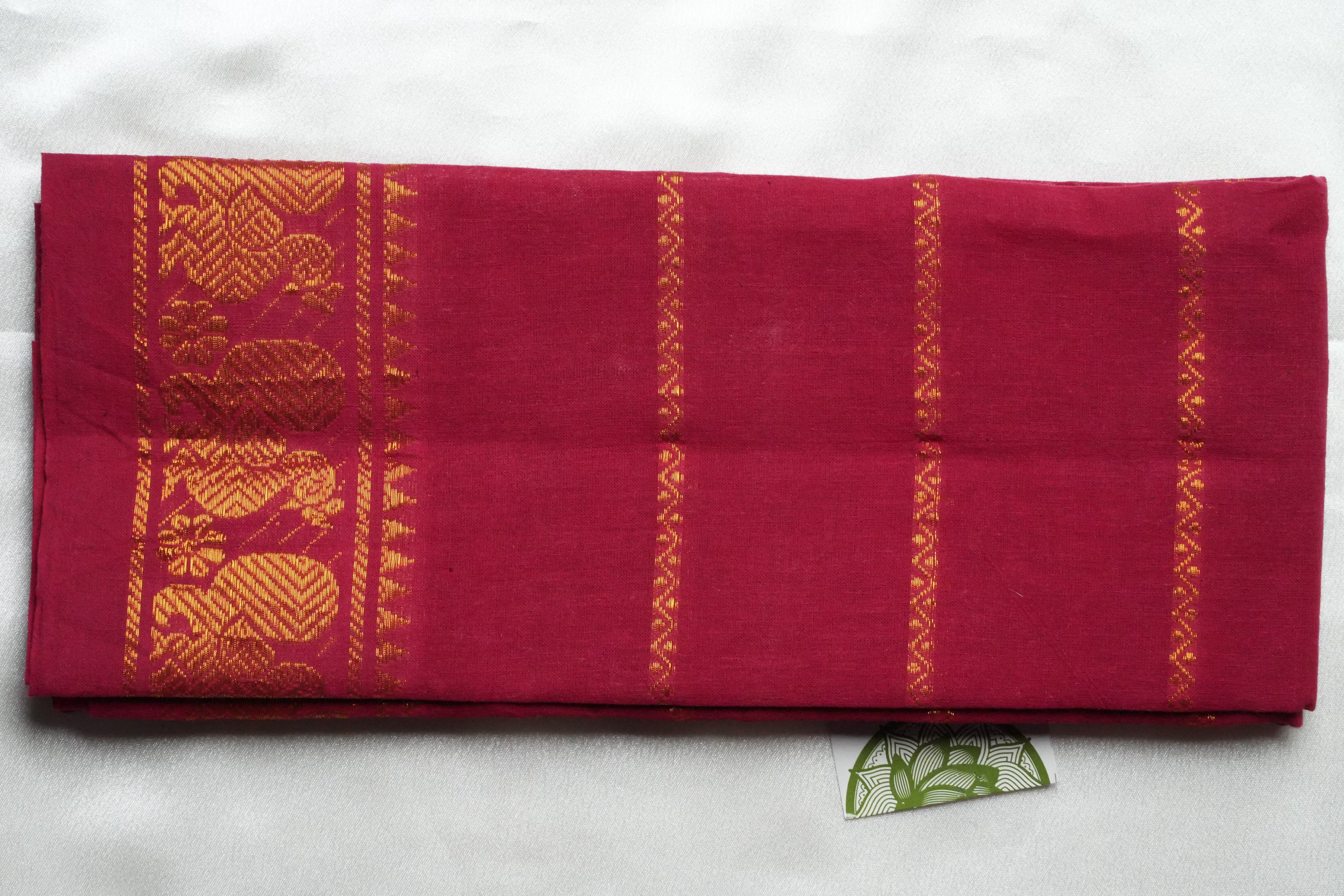 Magenta Designer Pure Cotton Blouse Piece with Gold Annapakshi Motifs