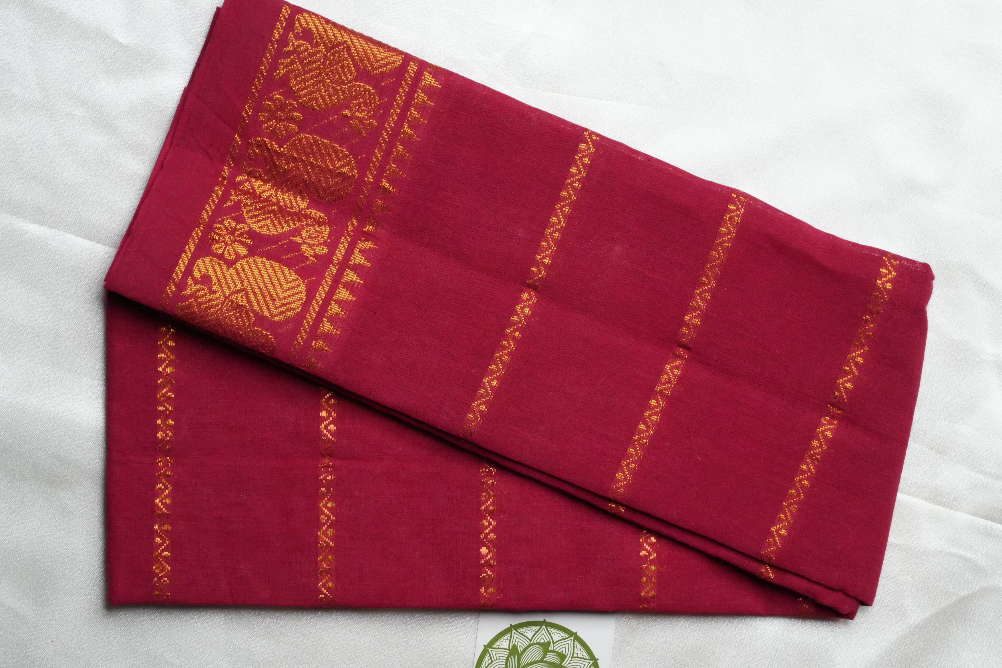 Magenta Designer Pure Cotton Blouse Piece with Gold Annapakshi Motifs