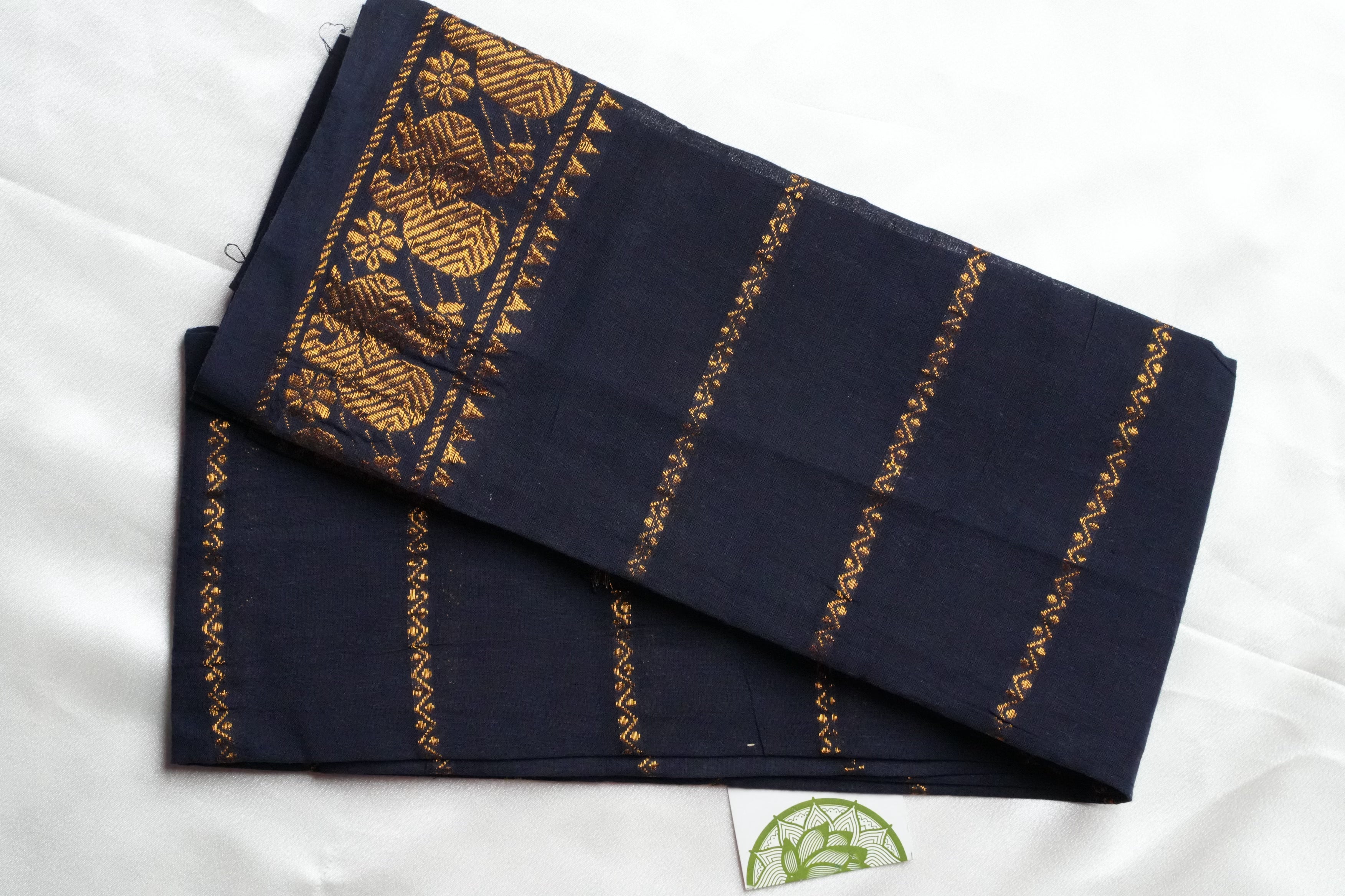 Navy Blue Designer Pure Cotton Blouse Piece with Gold Annapakshi Motifs