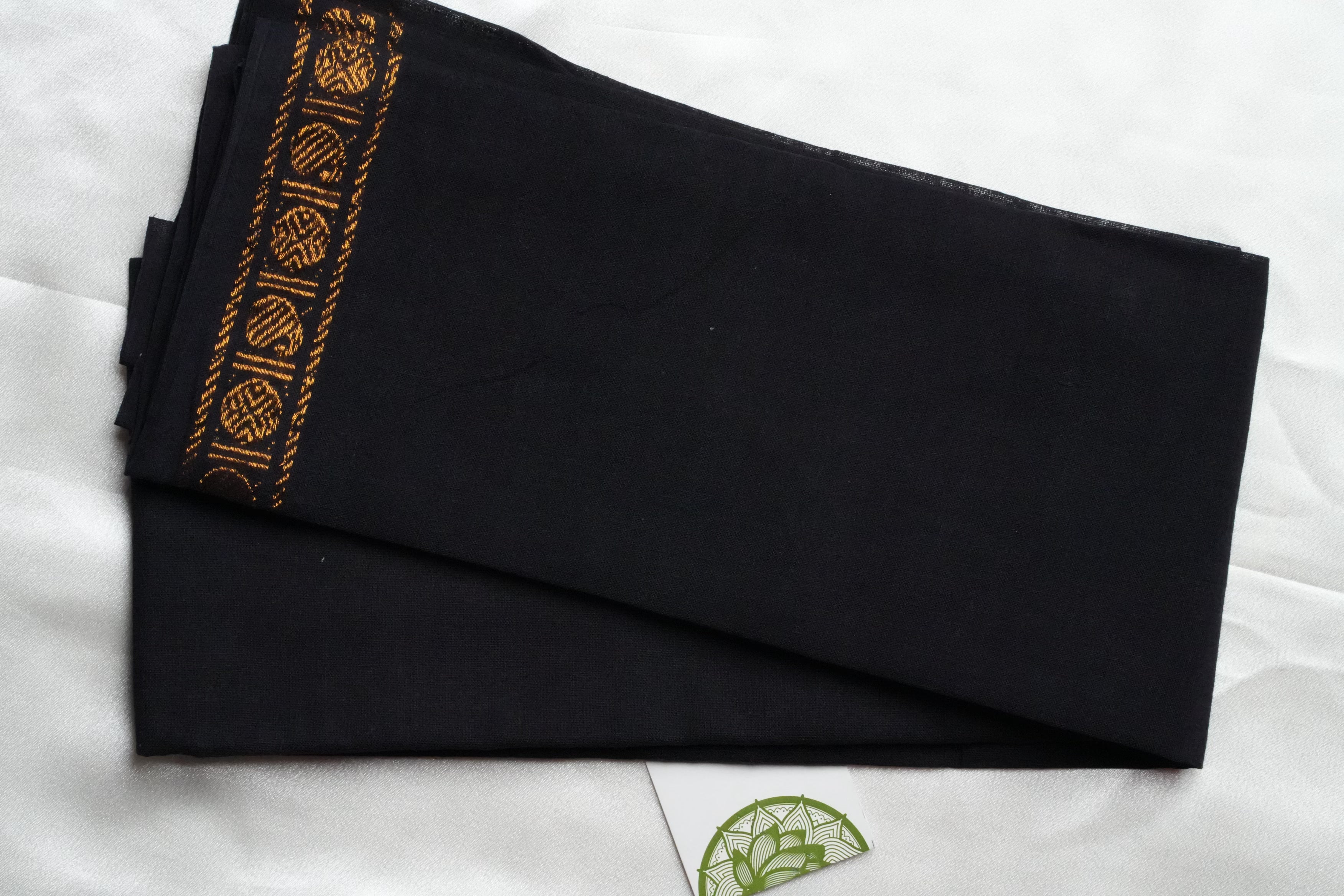 Jet Black Designer Pure Cotton Blouse Piece with Gold Geometric Border