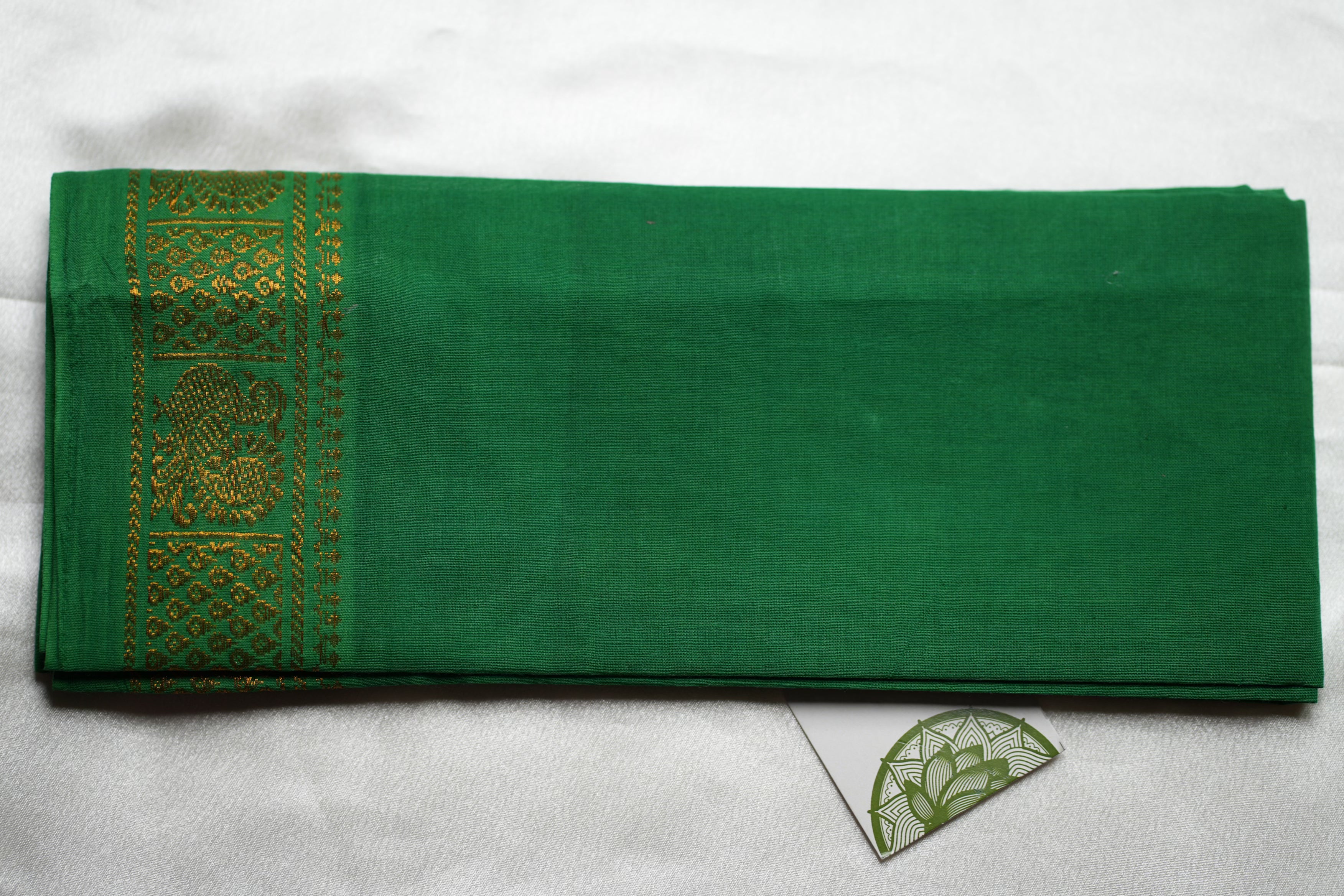 Emerald Green Designer Pure Cotton Blouse Piece with Gold Annapakshi Motifs