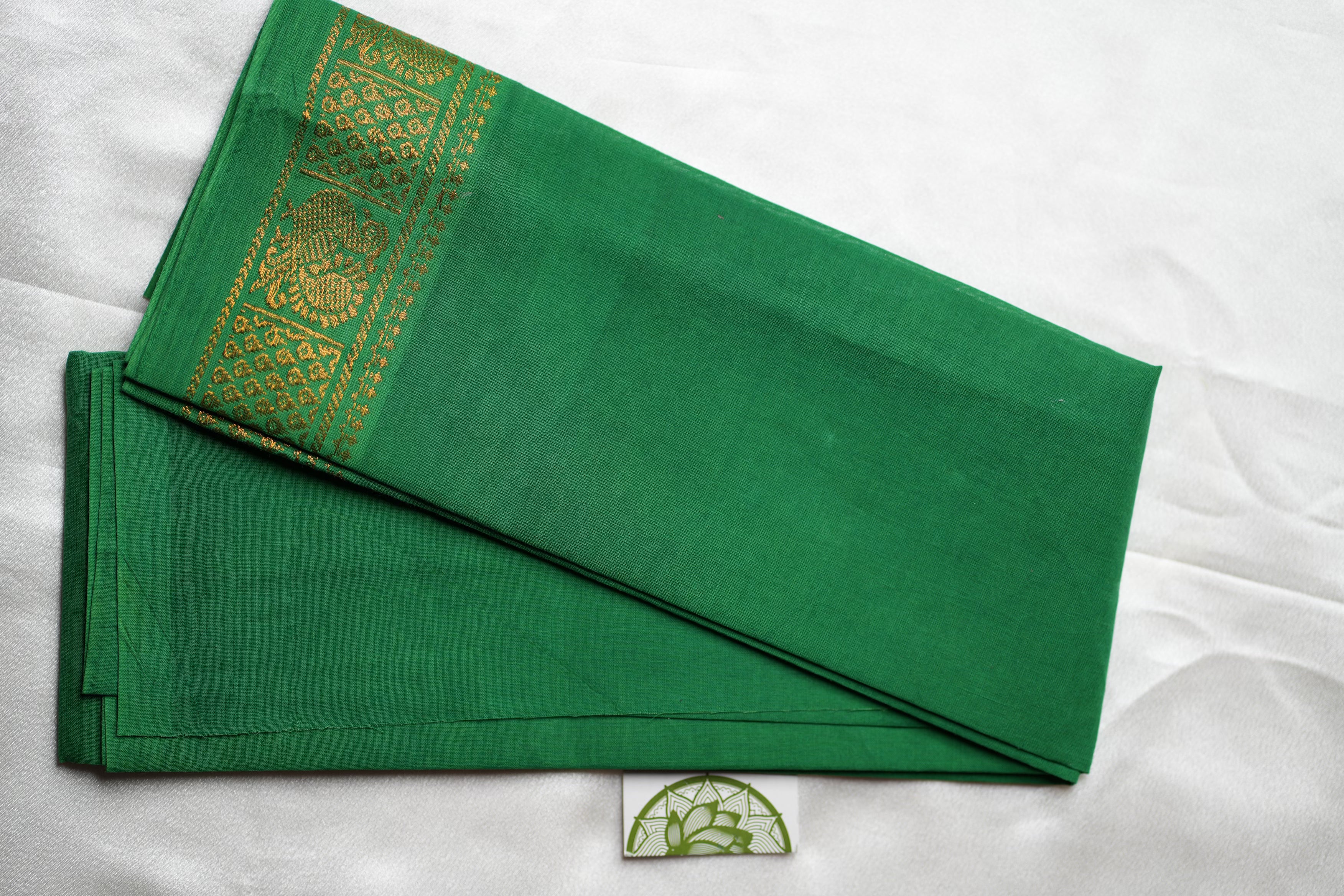 Emerald Green Designer Pure Cotton Blouse Piece with Gold Annapakshi Motifs
