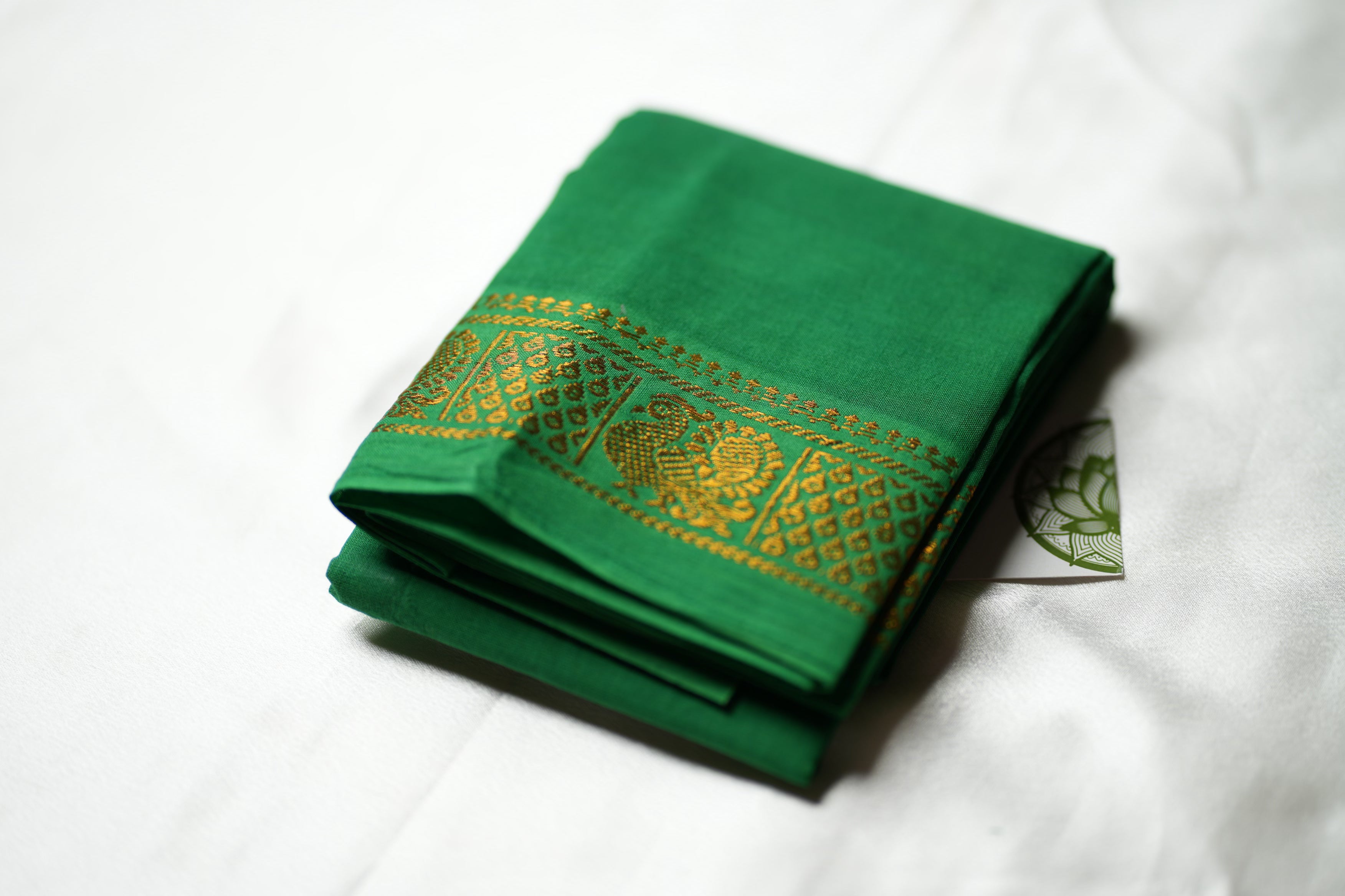 Emerald Green Designer Pure Cotton Blouse Piece with Gold Annapakshi Motifs