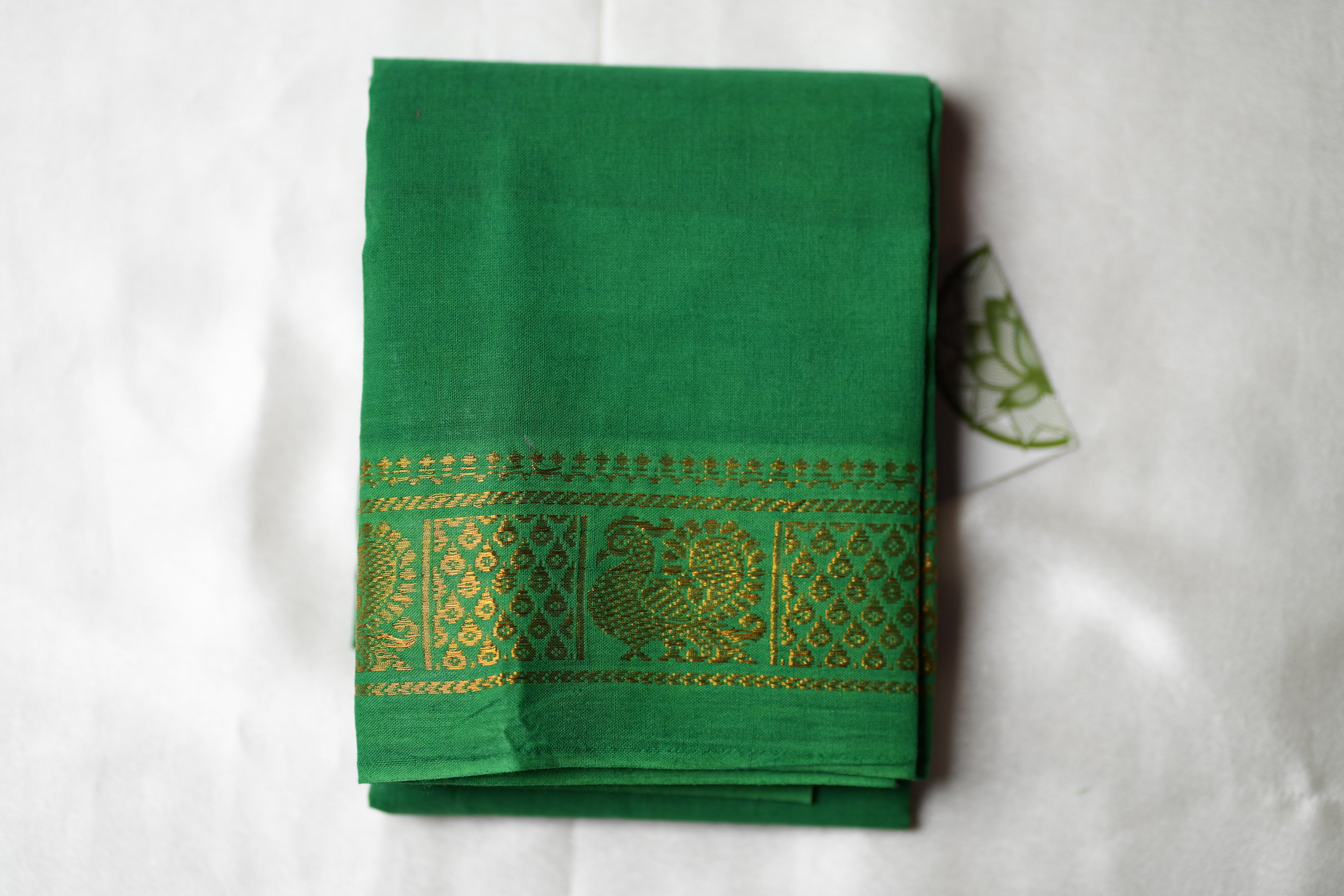Emerald Green Designer Pure Cotton Blouse Piece with Gold Annapakshi Motifs