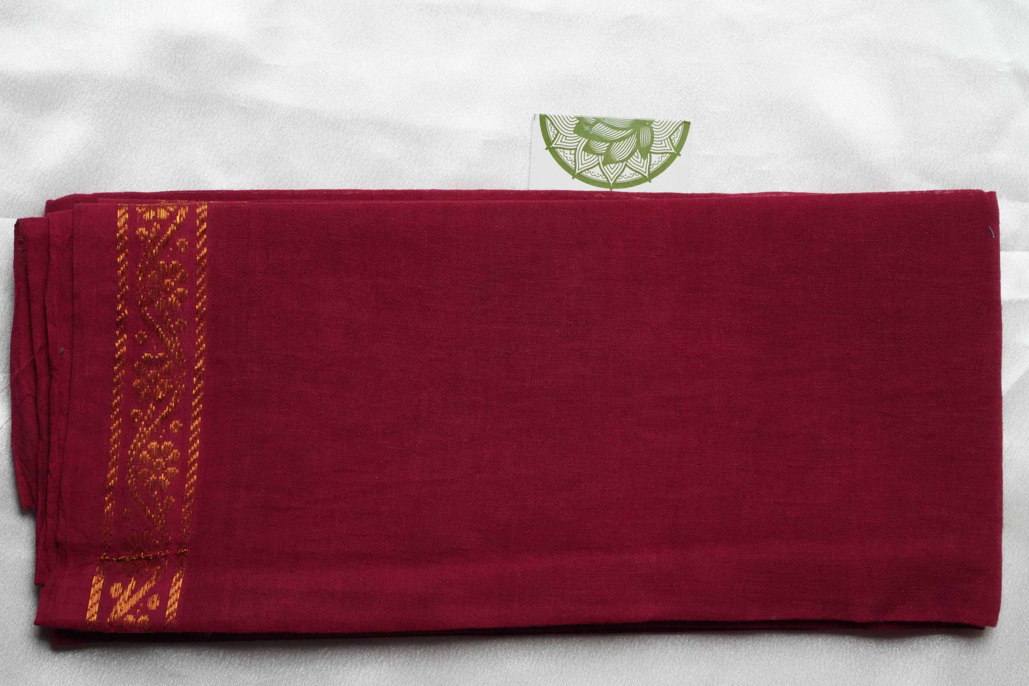 Deep Maroon Designer Pure Cotton Blouse Piece with Gold Floral Creeper Border