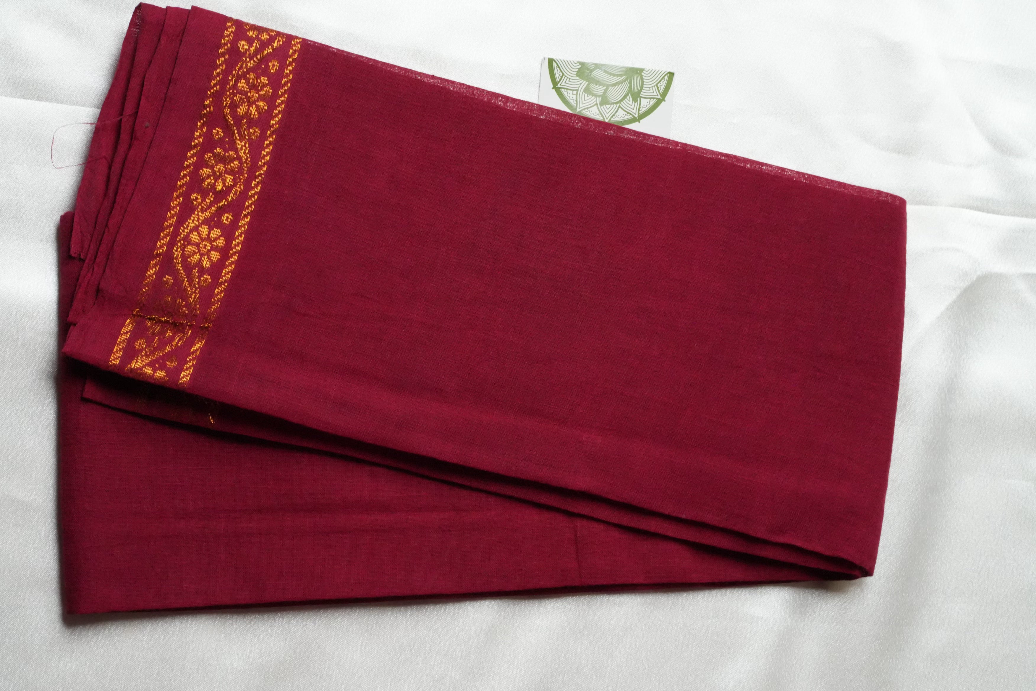Deep Maroon Designer Pure Cotton Blouse Piece with Gold Floral Creeper Border
