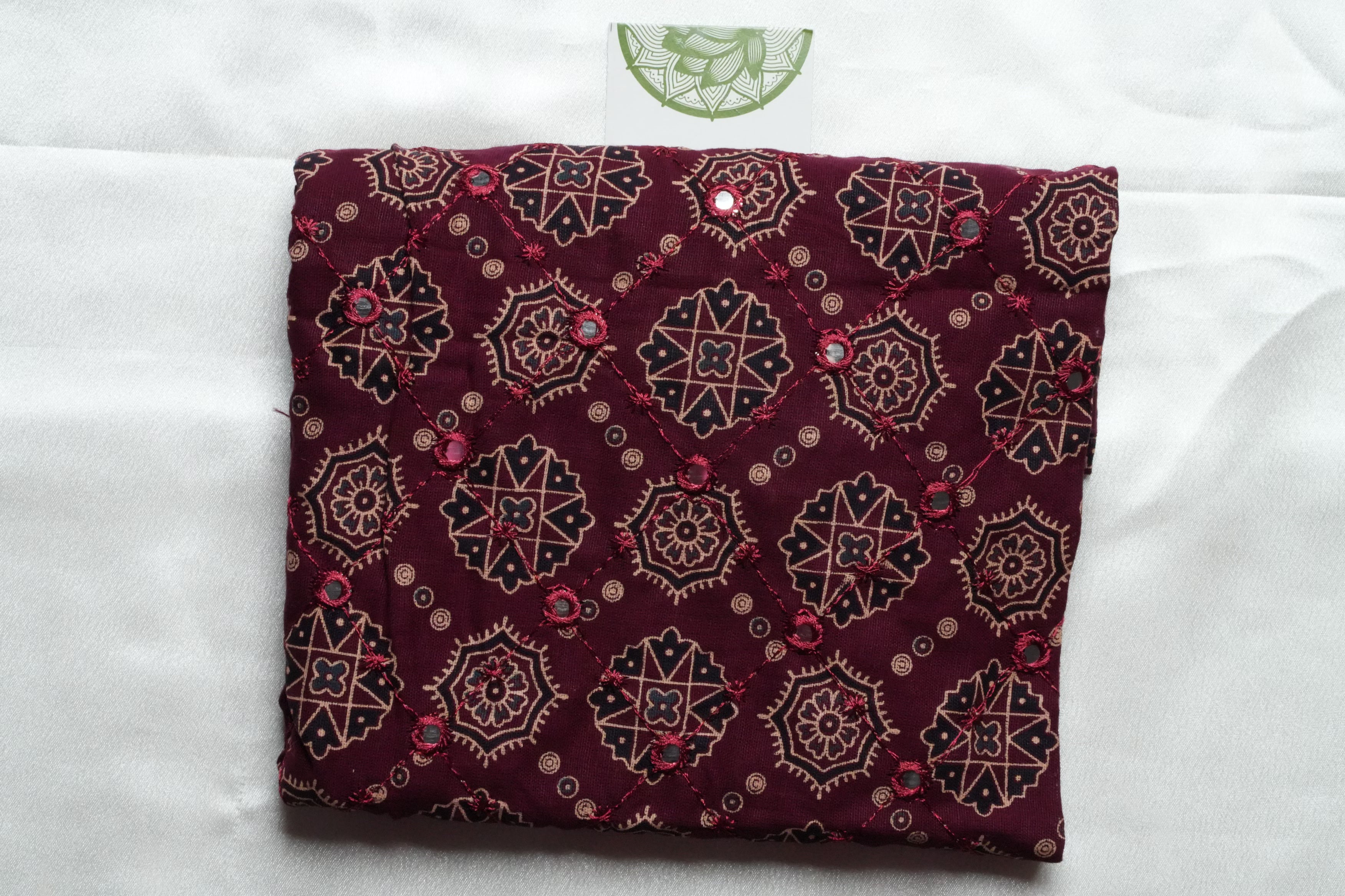 Designer Pure Cotton Blouse Piece with Wine Ajrakh Print & Mirror Work