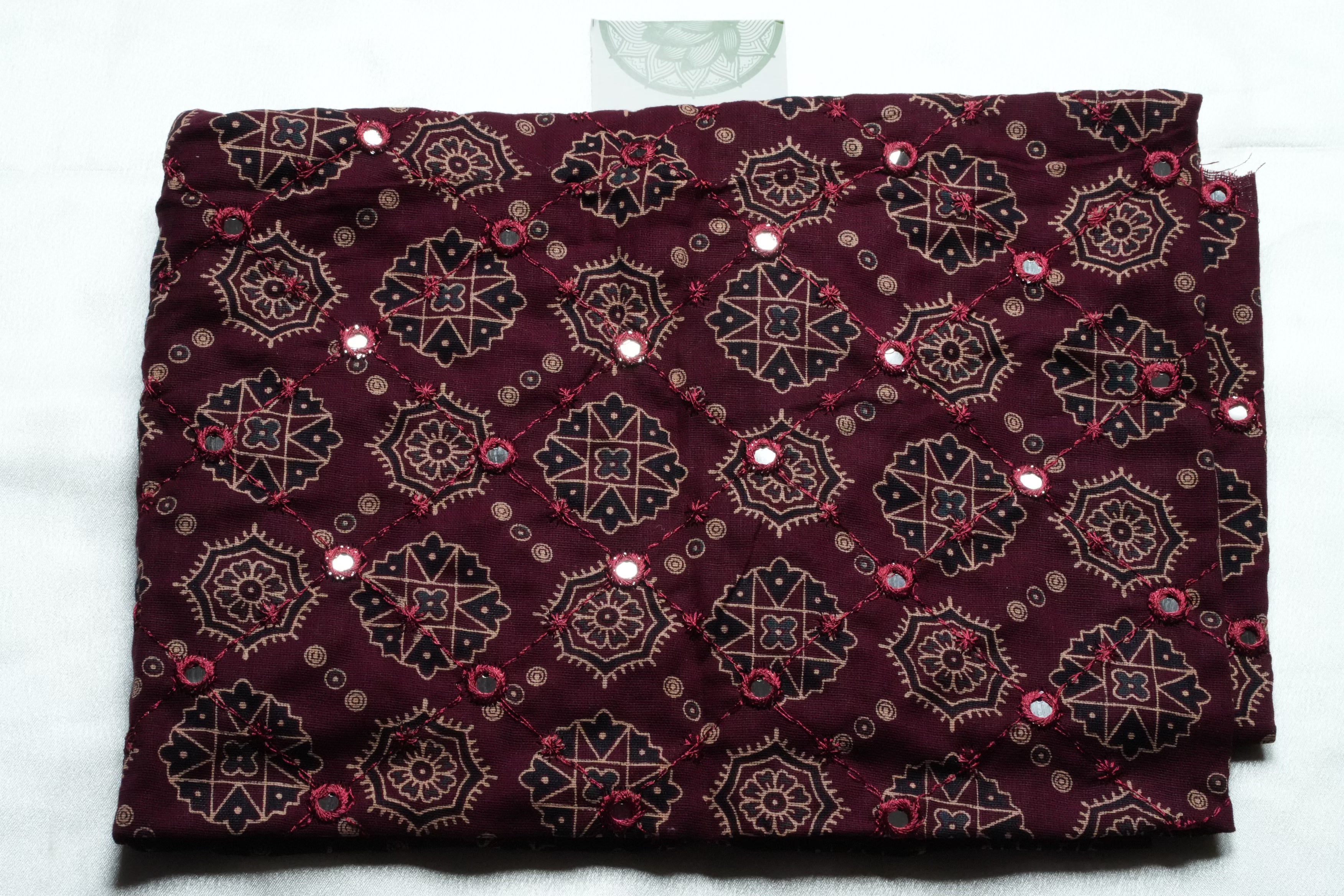 Designer Pure Cotton Blouse Piece with Wine Ajrakh Print & Mirror Work