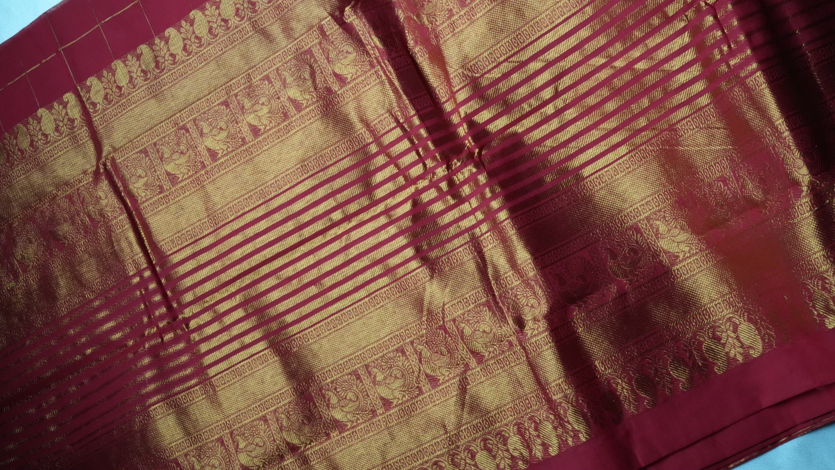 Vermilion Red Kanchi Cotton Saree with Gold Checks and Annapakshi Motifs