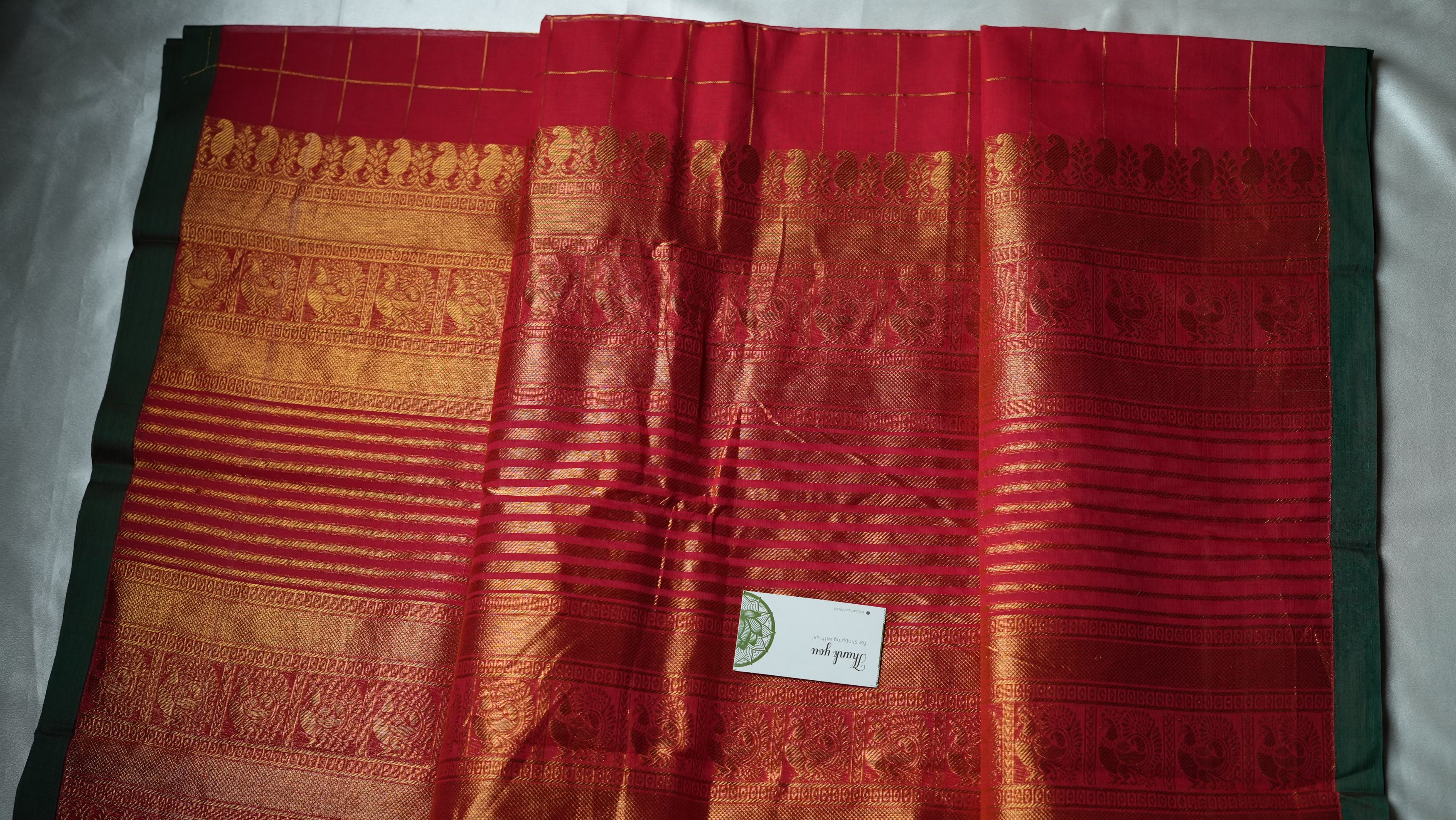 Vermilion Red Kanchi Cotton Saree with Gold Checks and Annapakshi Motifs