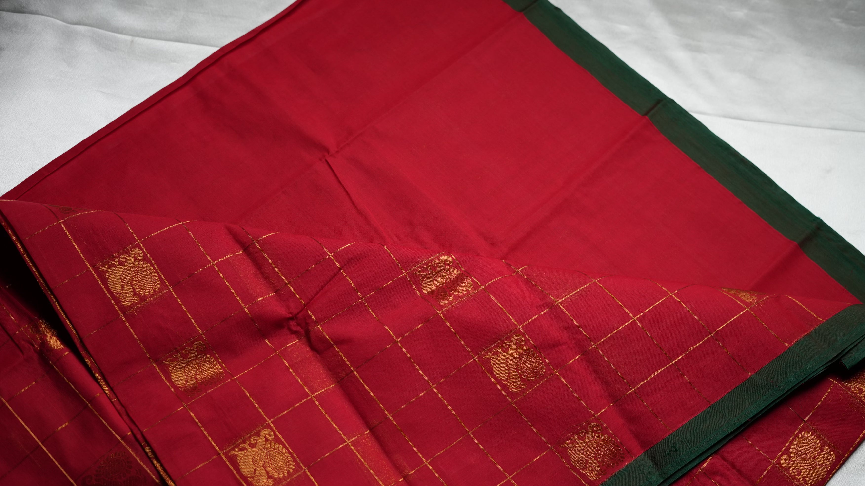 Vermilion Red Kanchi Cotton Saree with Gold Checks and Annapakshi Motifs