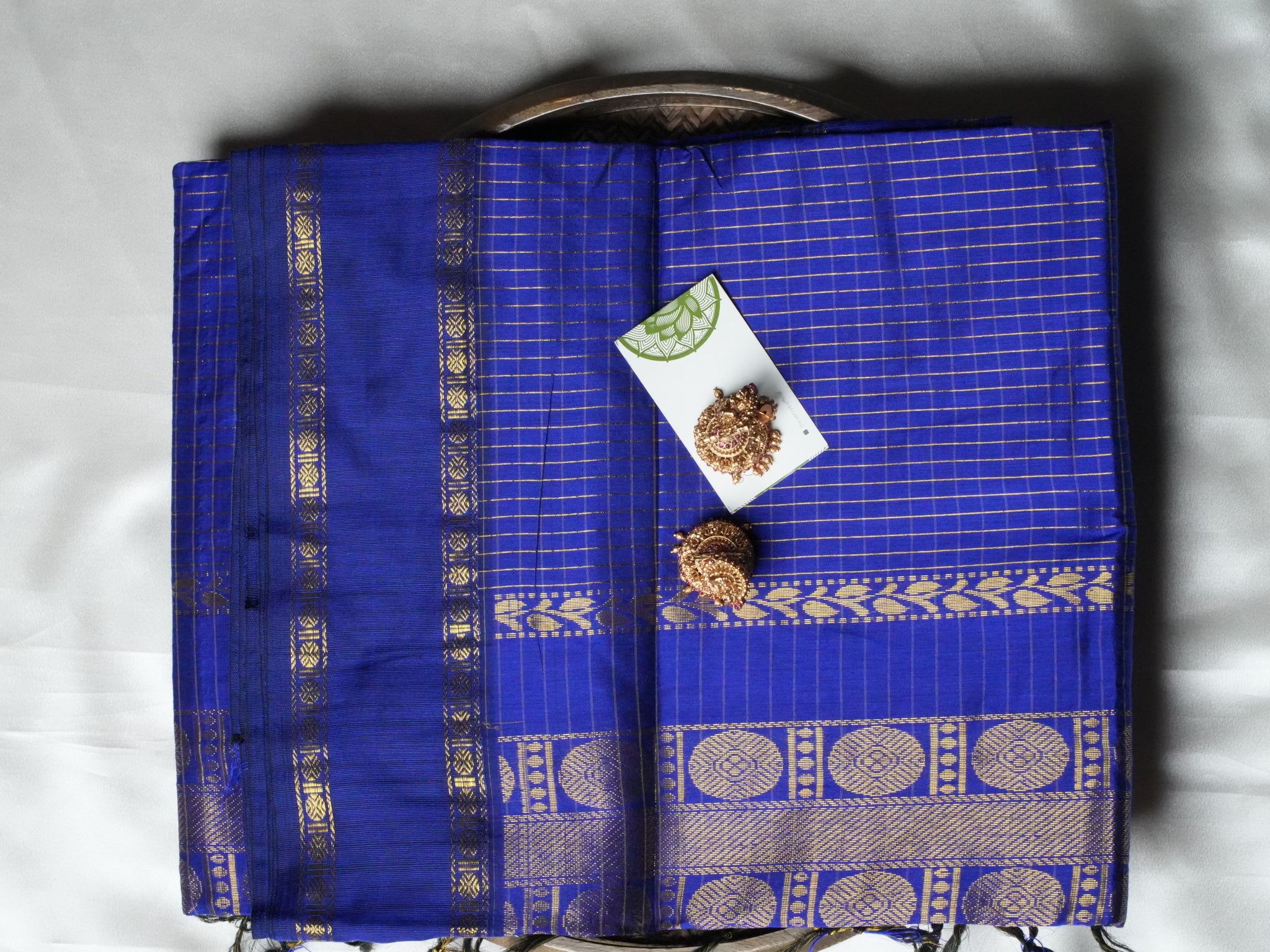 Designer Cobalt Blue Kalyani Cotton Saree with Golden Zari Checks
