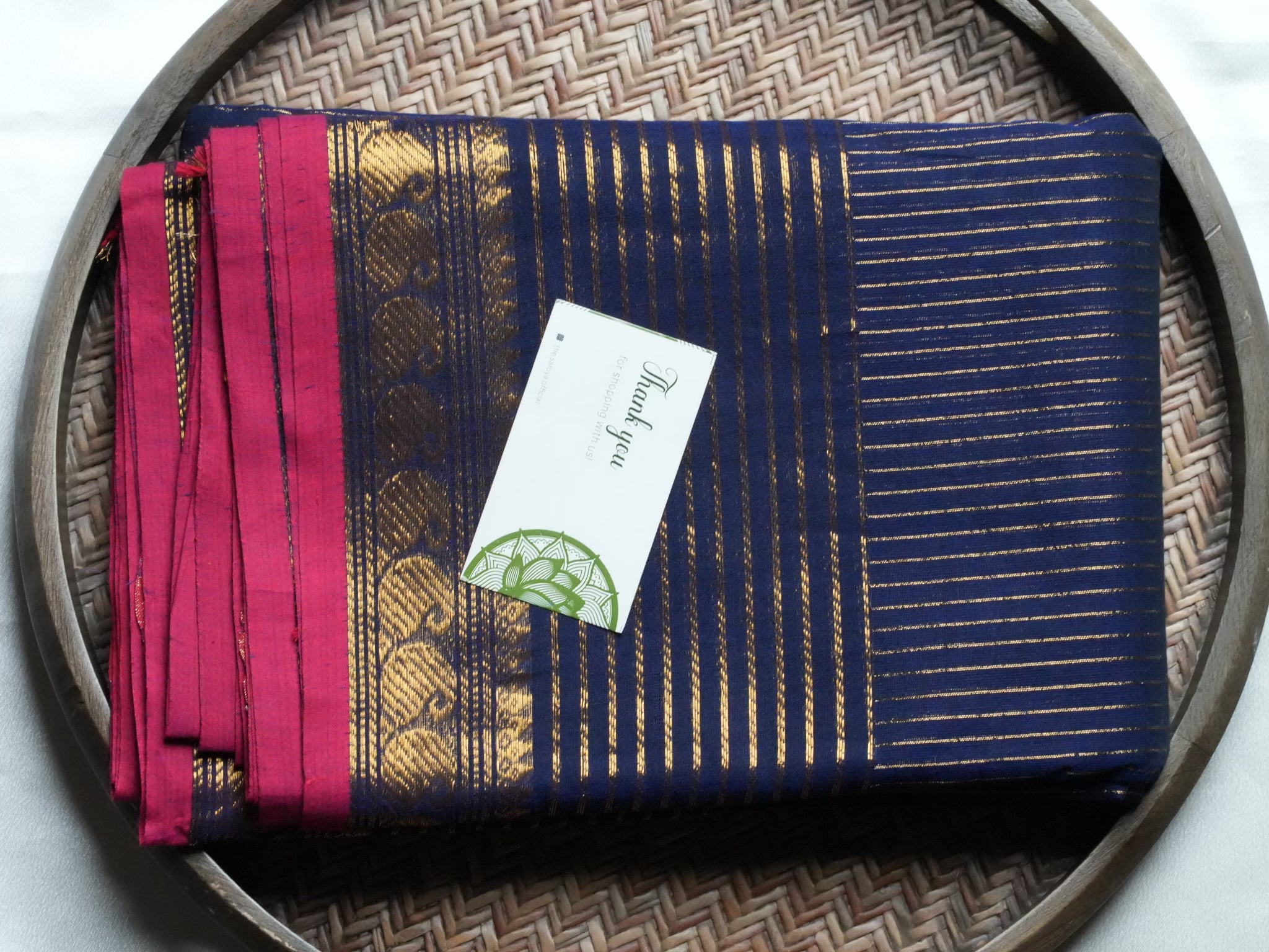 Designer Navy Blue Kanchi Cotton Saree with Annapakshi & Magenta Accents