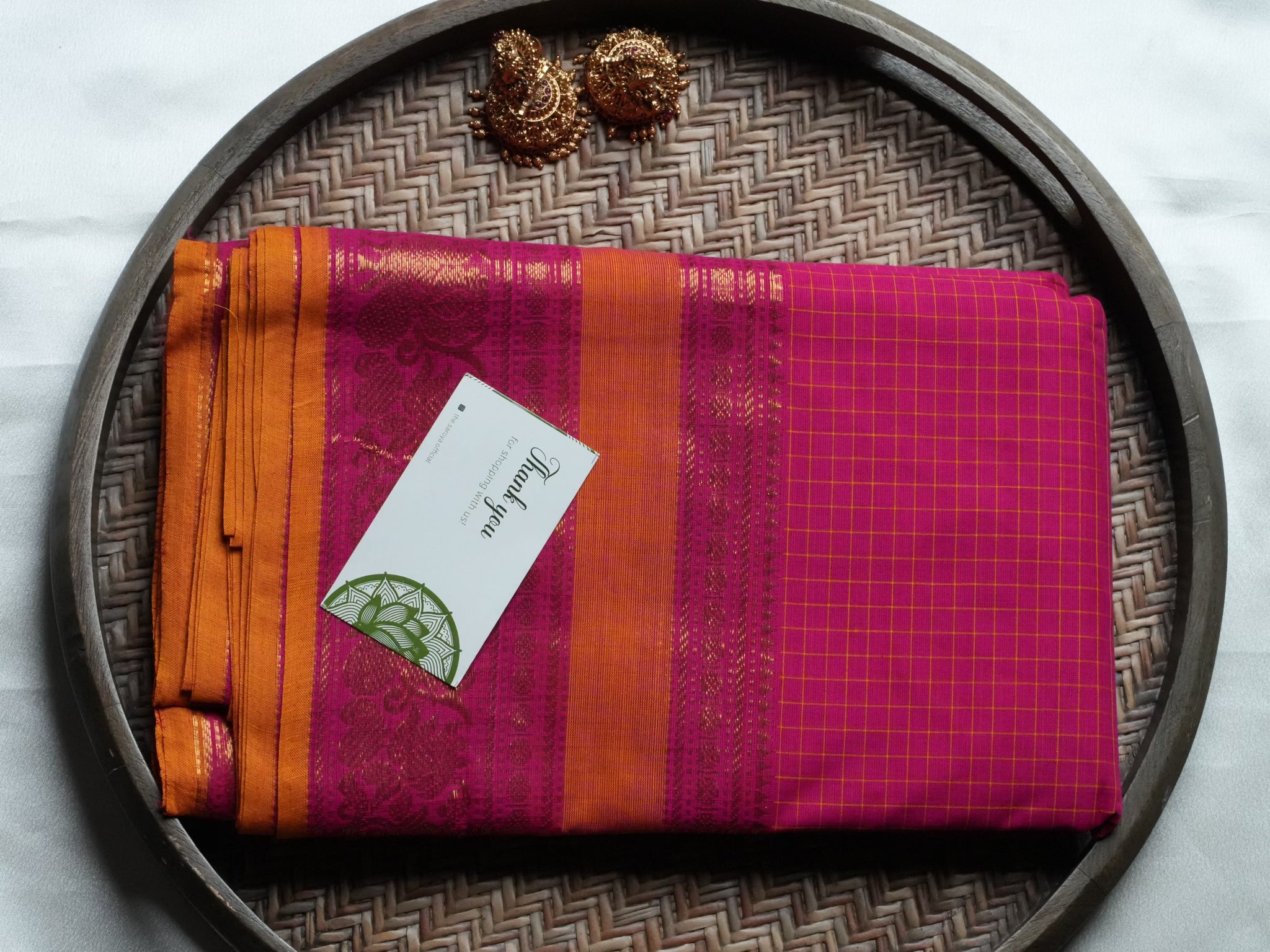 Designer Rani Pink Kanchi Cotton Saree with Orange & Gold Accents