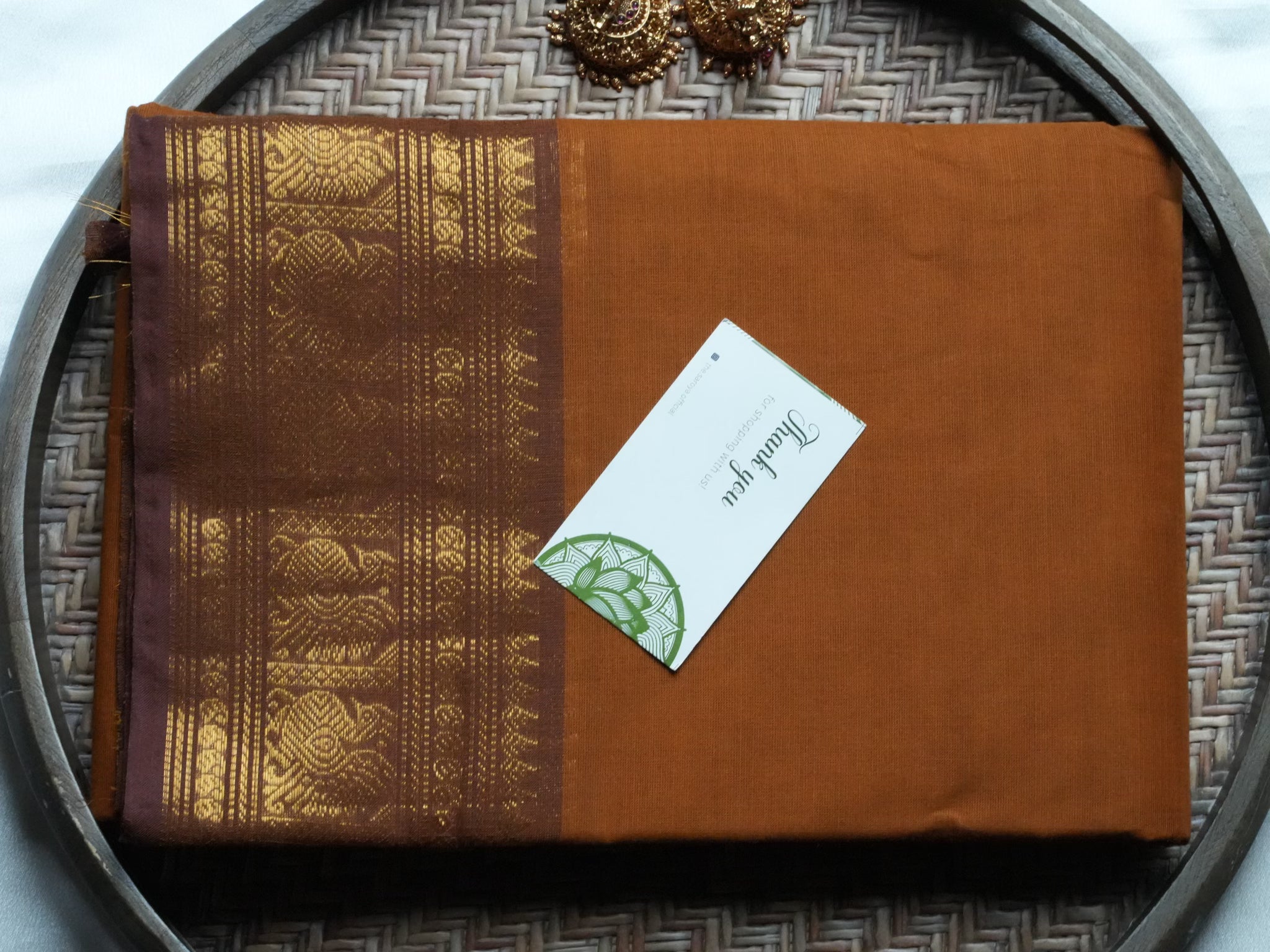 Designer Mustard Brown Kanchi Cotton Saree with Traditional Annapakshi Border