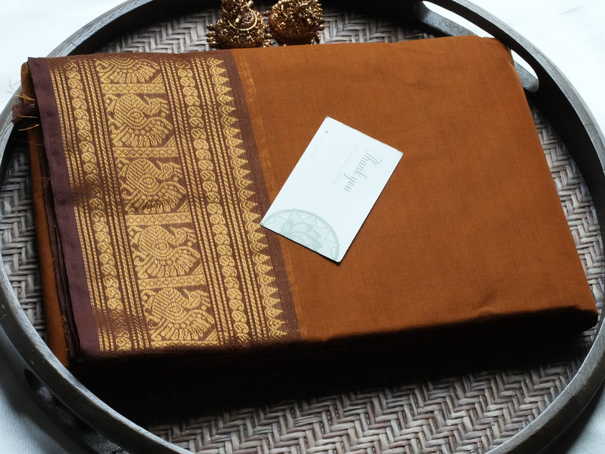 Designer Mustard Brown Kanchi Cotton Saree with Traditional Annapakshi Border