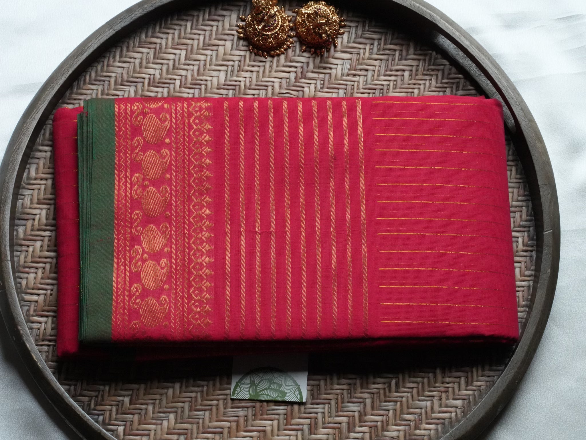 Designer Crimson Red Kanchi Cotton Saree with Mango Motifs & Green Selvedge