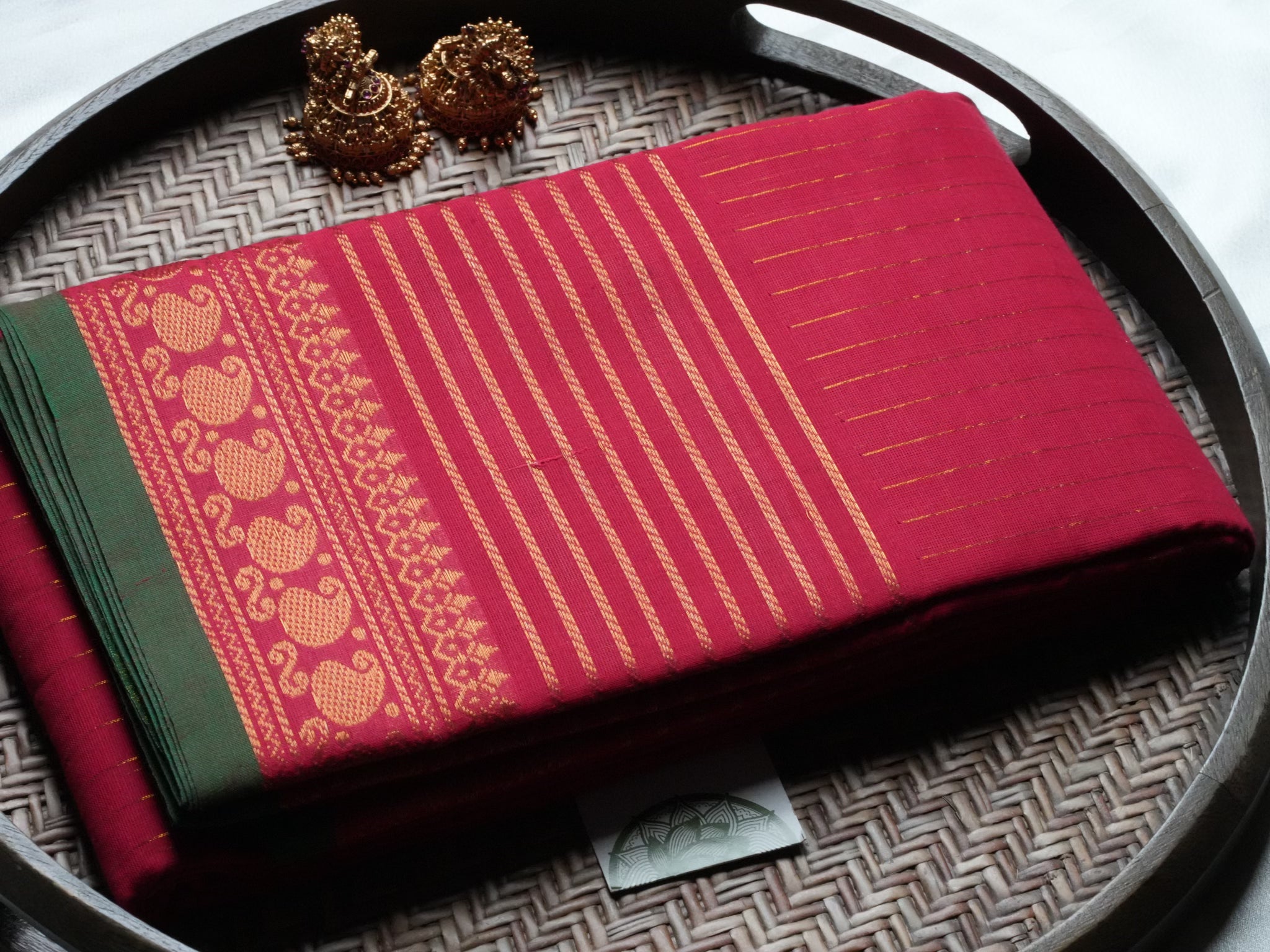 Designer Crimson Red Kanchi Cotton Saree with Mango Motifs & Green Selvedge