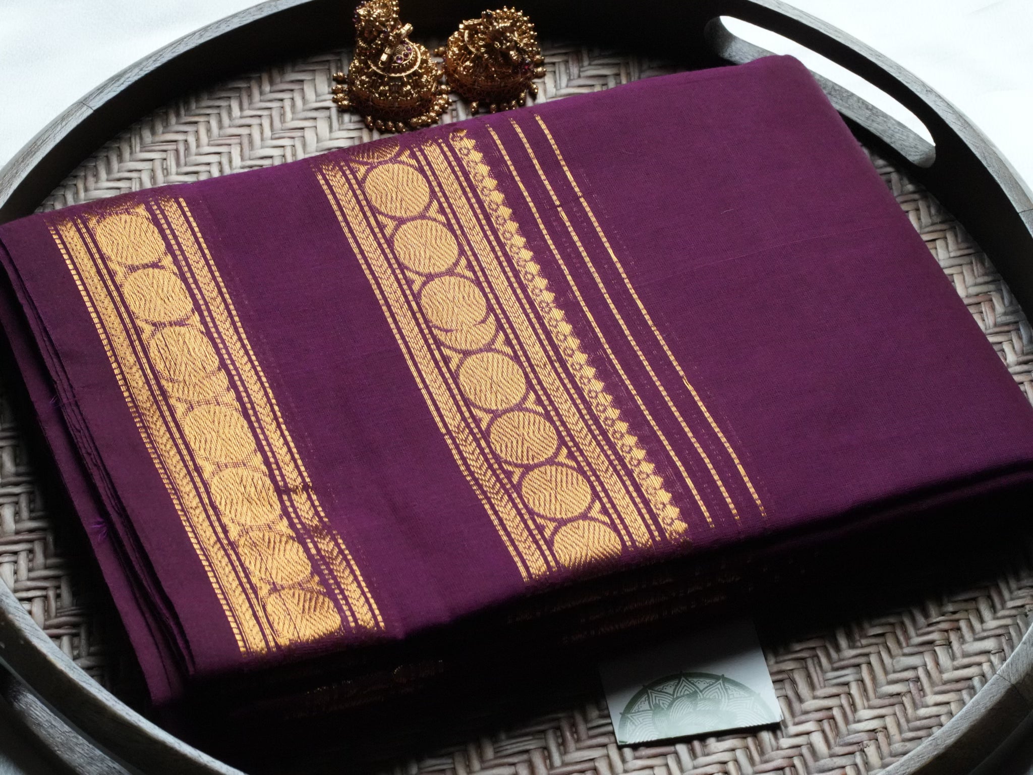 Designer Plum Purple Kanchi Cotton Saree with Ornate Coin Border