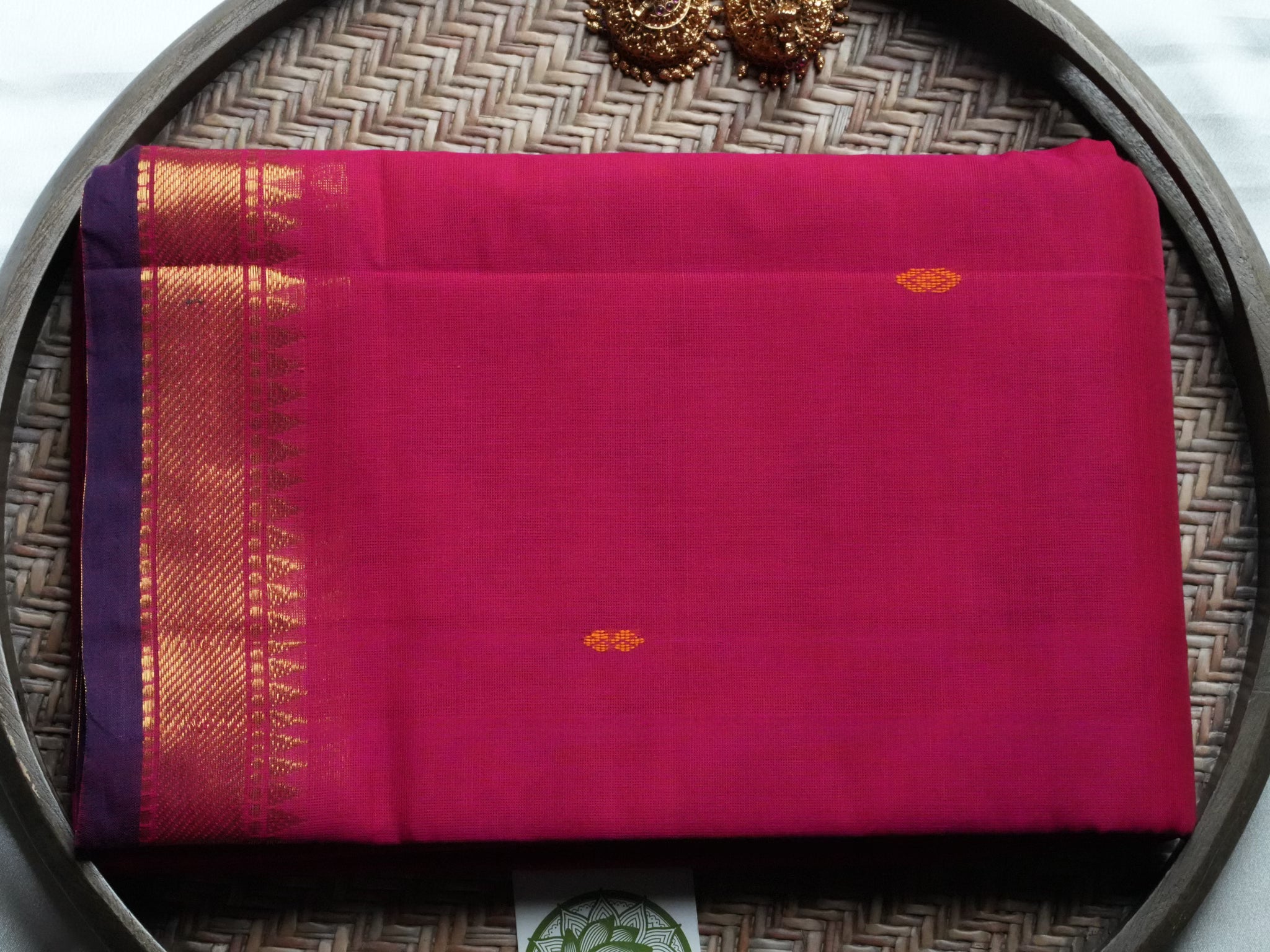 Designer Rani Pink Kanchi Cotton Saree with Purple Border & Gold Buttas
