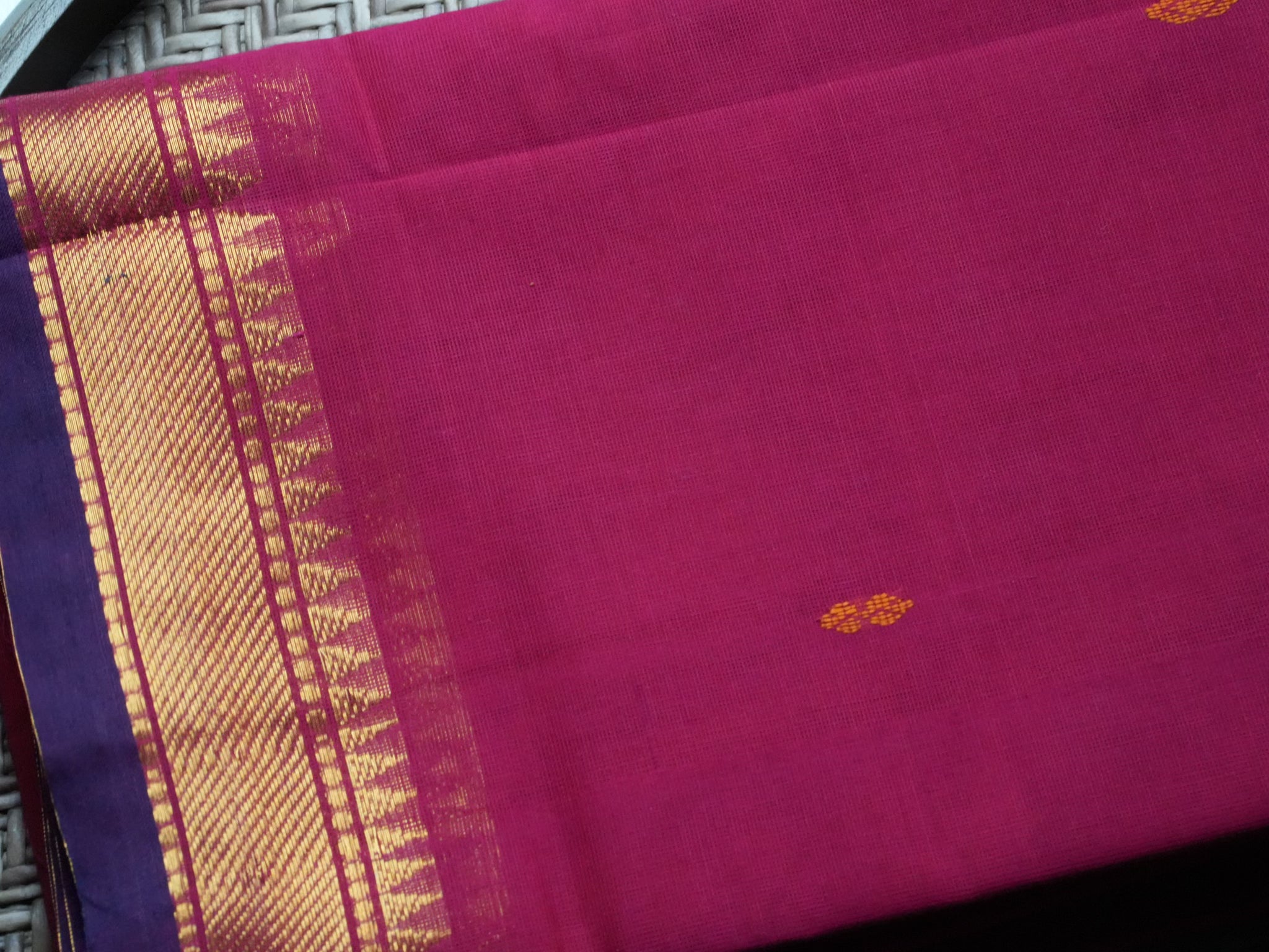 Designer Rani Pink Kanchi Cotton Saree with Purple Border & Gold Buttas